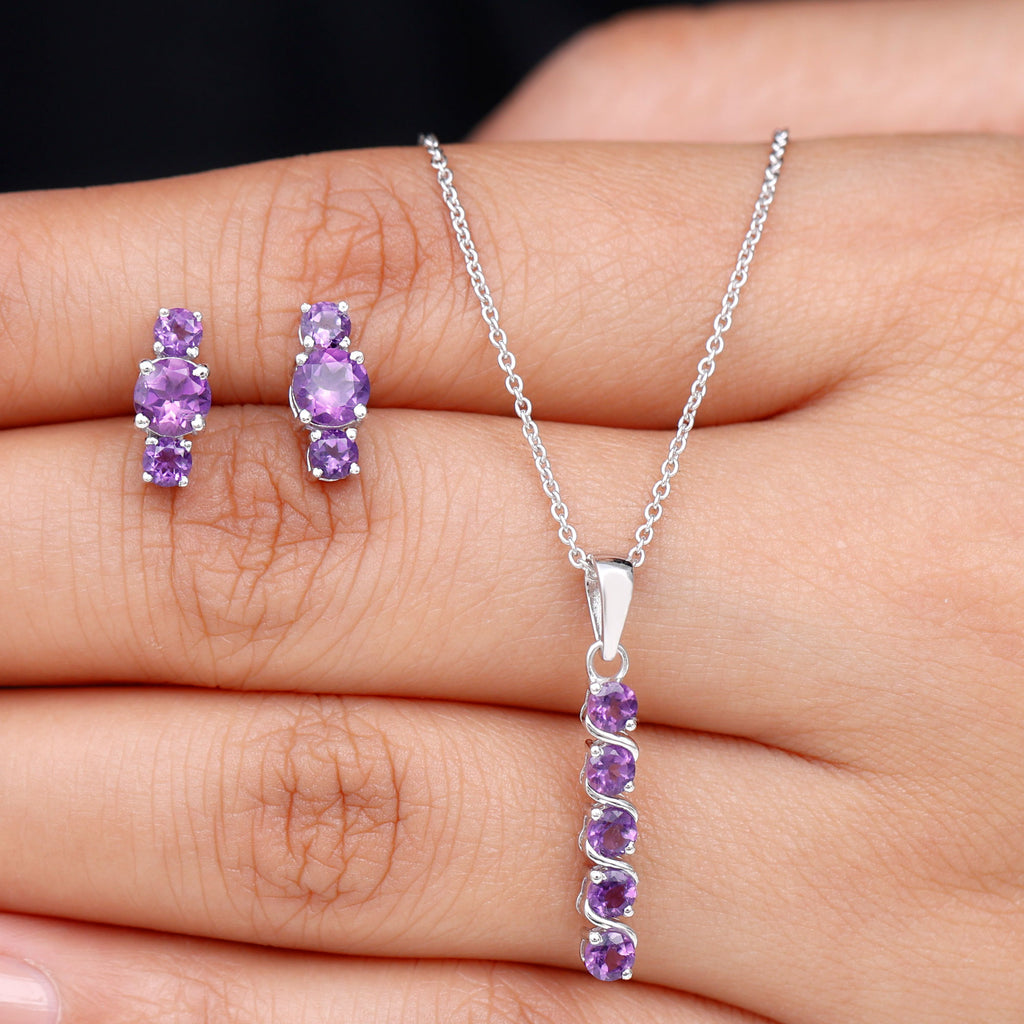 Rosec Jewels - 1.75 CT Amethyst Silver Bar Necklace and Earring Set