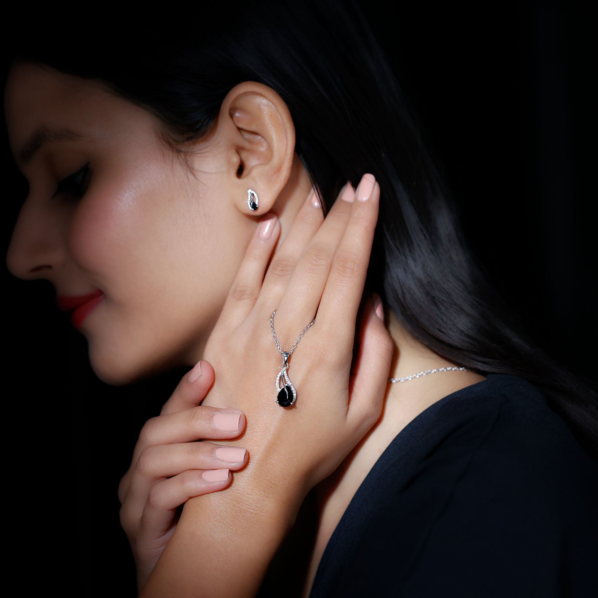 Real Black Onyx Earrings and Pendant Set with Moissanite AAA 92.5 Sterling Silver - Rosec Jewels
