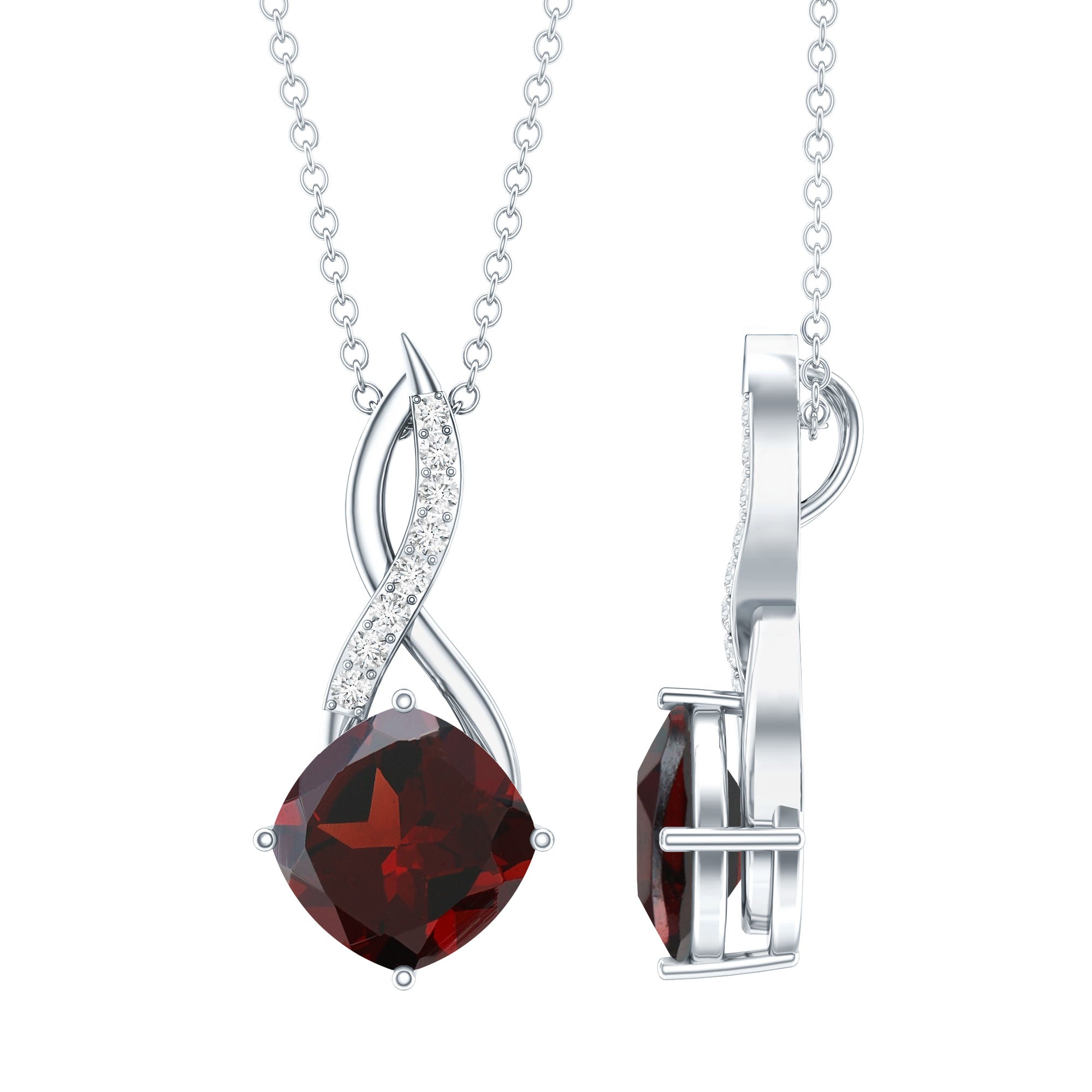 3.2 Carat Cushion Garnet Drop Infinity Necklace with Diamond AAA - Rosec Jewels