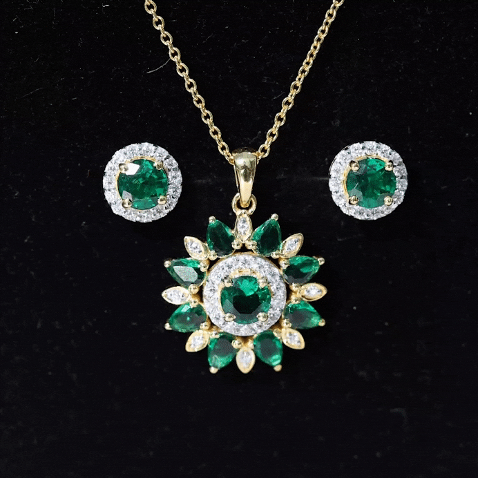 Created Emerald and Moissanite Flower Statement Jewelry Set in Gold Lab Created Emerald - ( AAAA ) - Quality - Rosec Jewels