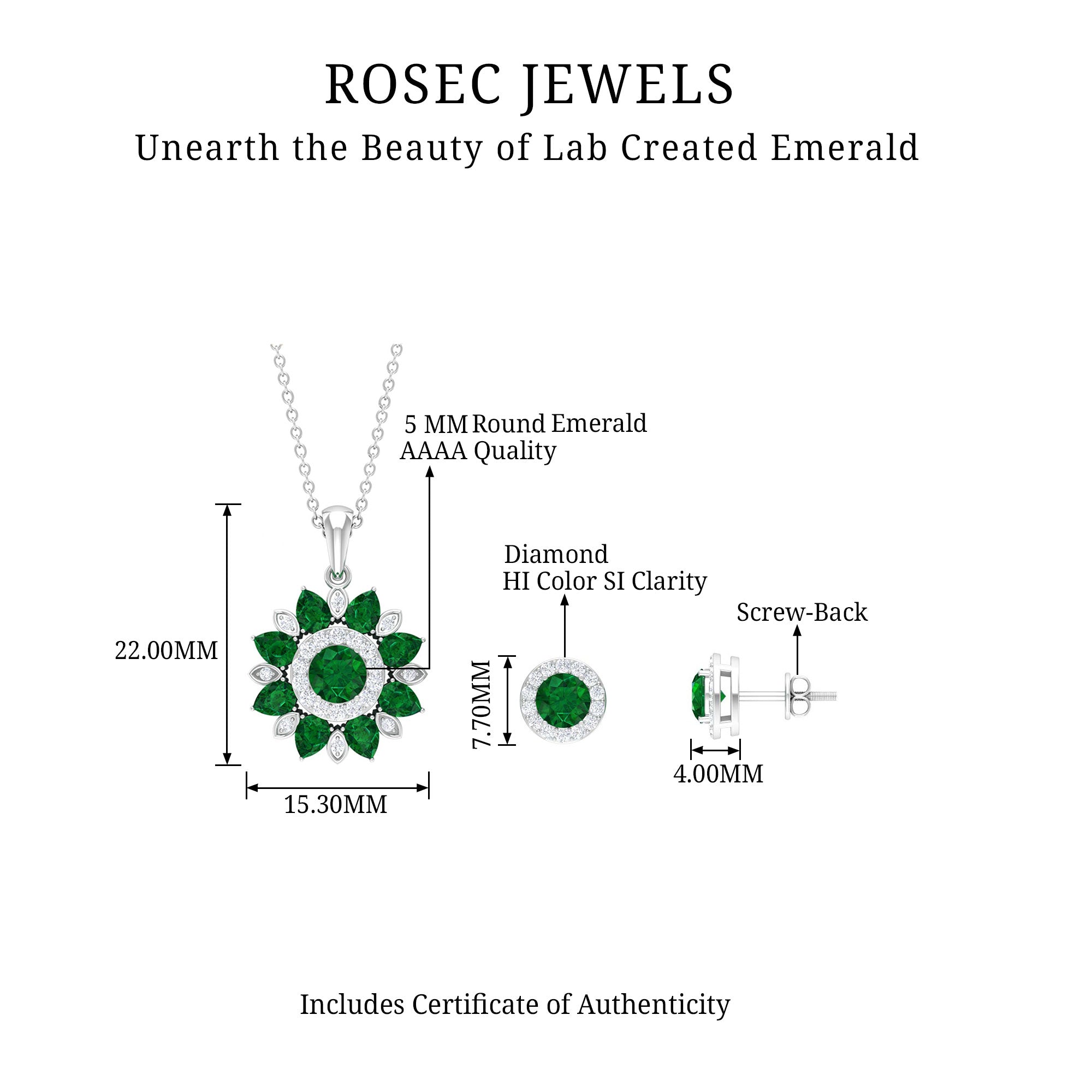Created Emerald and Moissanite Flower Statement Jewelry Set in Gold Lab Created Emerald - ( AAAA ) - Quality - Rosec Jewels