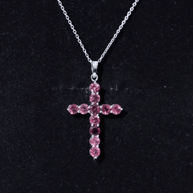 Natural Pink Tourmaline Cross Pendant Necklace for Women AAA 92.5 Sterling Silver - Rosec Jewels
