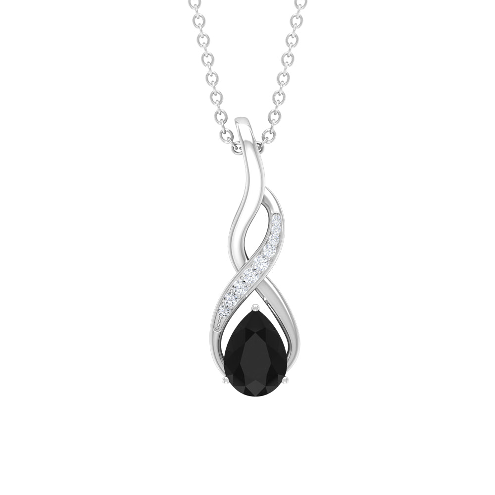 Pear Shape Black Onyx Infinity Silver Pendant Necklace with Moissanite Accent - Rosec Jewels