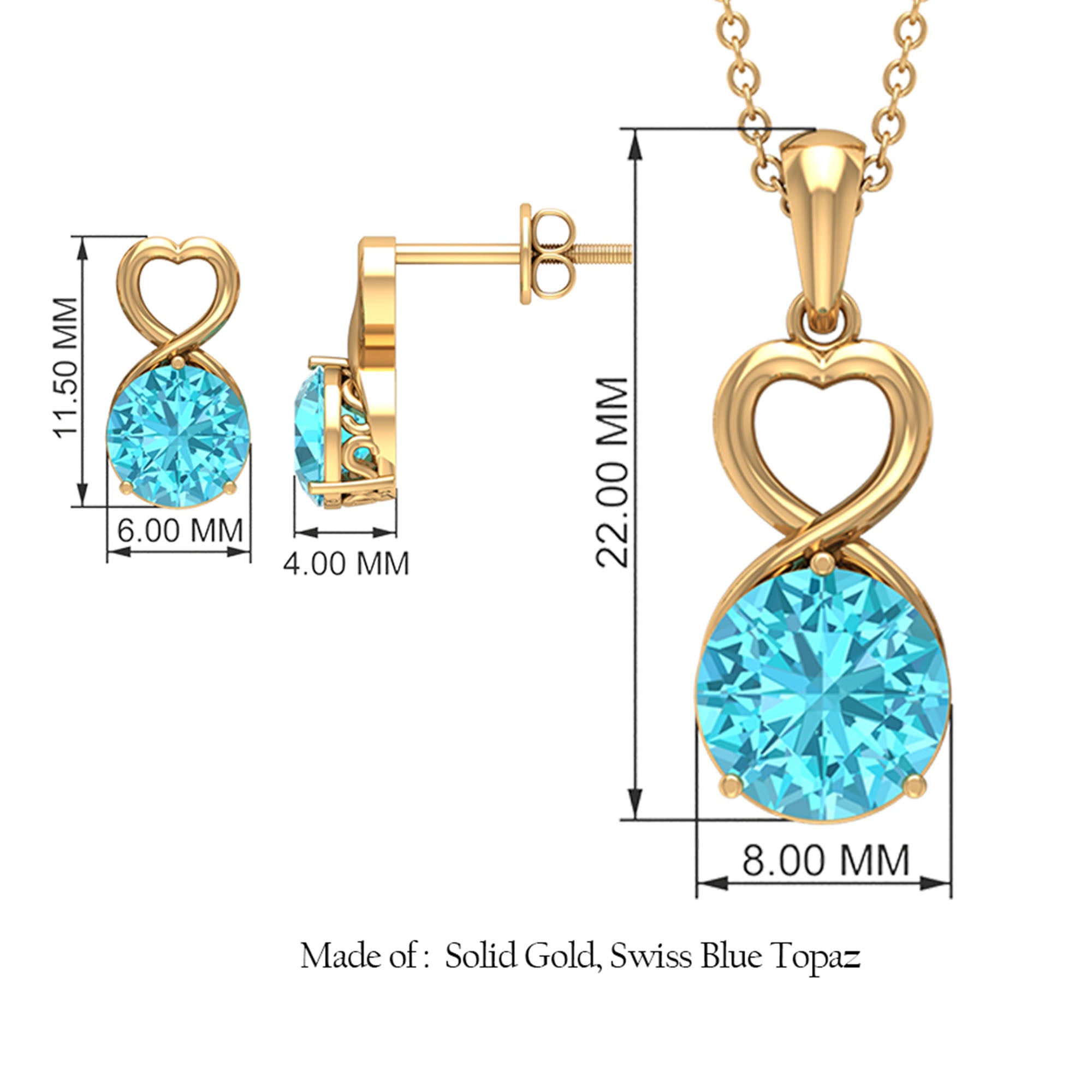 4 CT Swiss Blue Topaz Solitaire Heart Shape Jewelry set Swiss Blue Topaz - ( AAA ) - Quality - Rosec Jewels