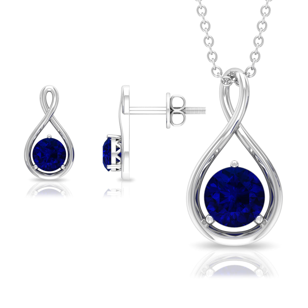 Solitaire Lab Created Blue Sapphire Infinity Pendant and Earrings Set Lab Created Blue Sapphire - ( AAAA ) - Quality - Rosec Jewels