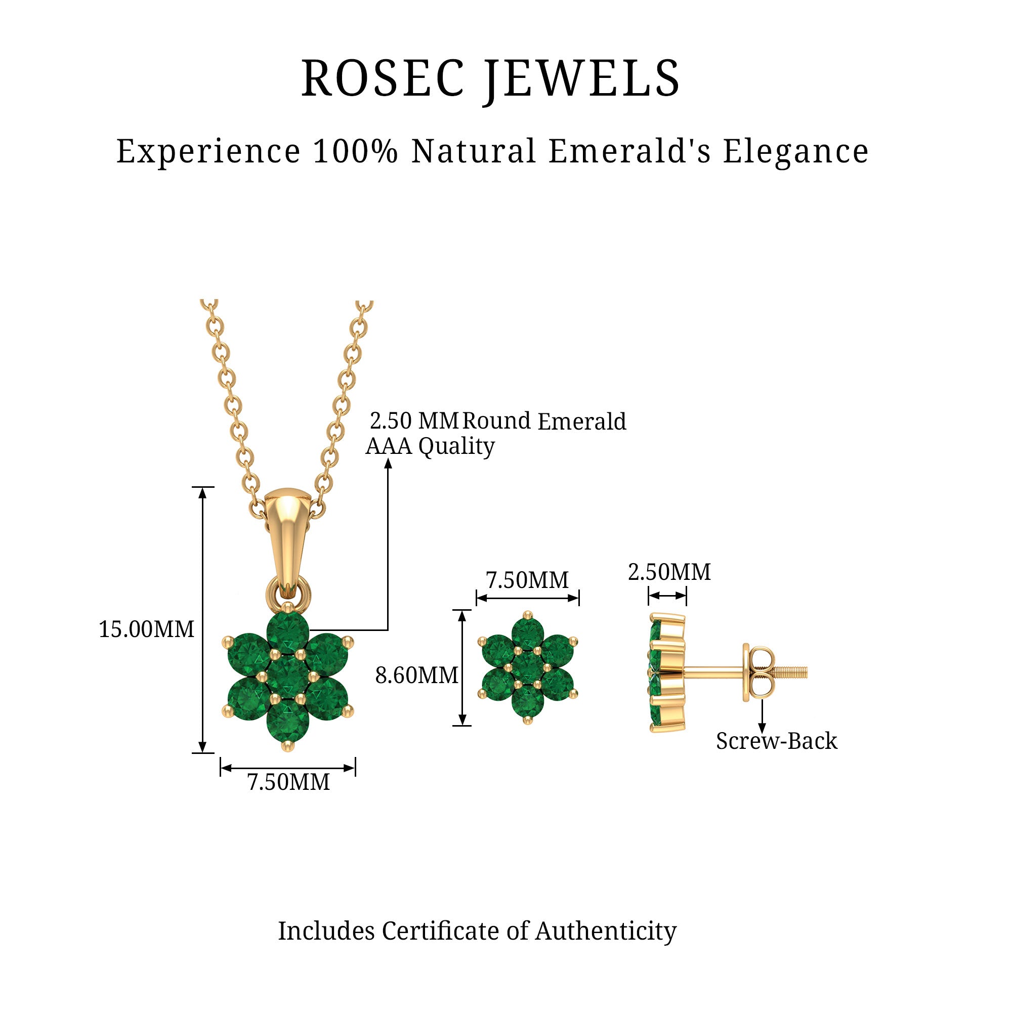 1.25 CT Round Cut Emerald Floral Pendant and Earring Set Emerald - ( AAA ) - Quality - Rosec Jewels