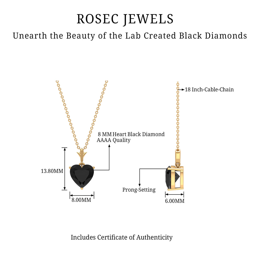 Heart Shape Created Black Diamond Solitaire Necklace in Gold Lab Created Black Diamond - ( AAAA ) - Quality - Rosec Jewels
