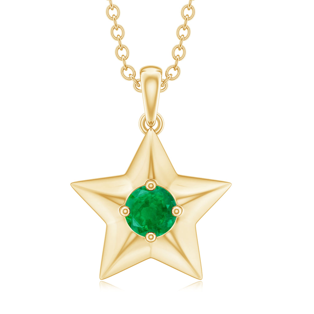 Round Cut Emerald and Gold Star Pendant Necklace Emerald - ( AAA ) - Quality - Rosec Jewels