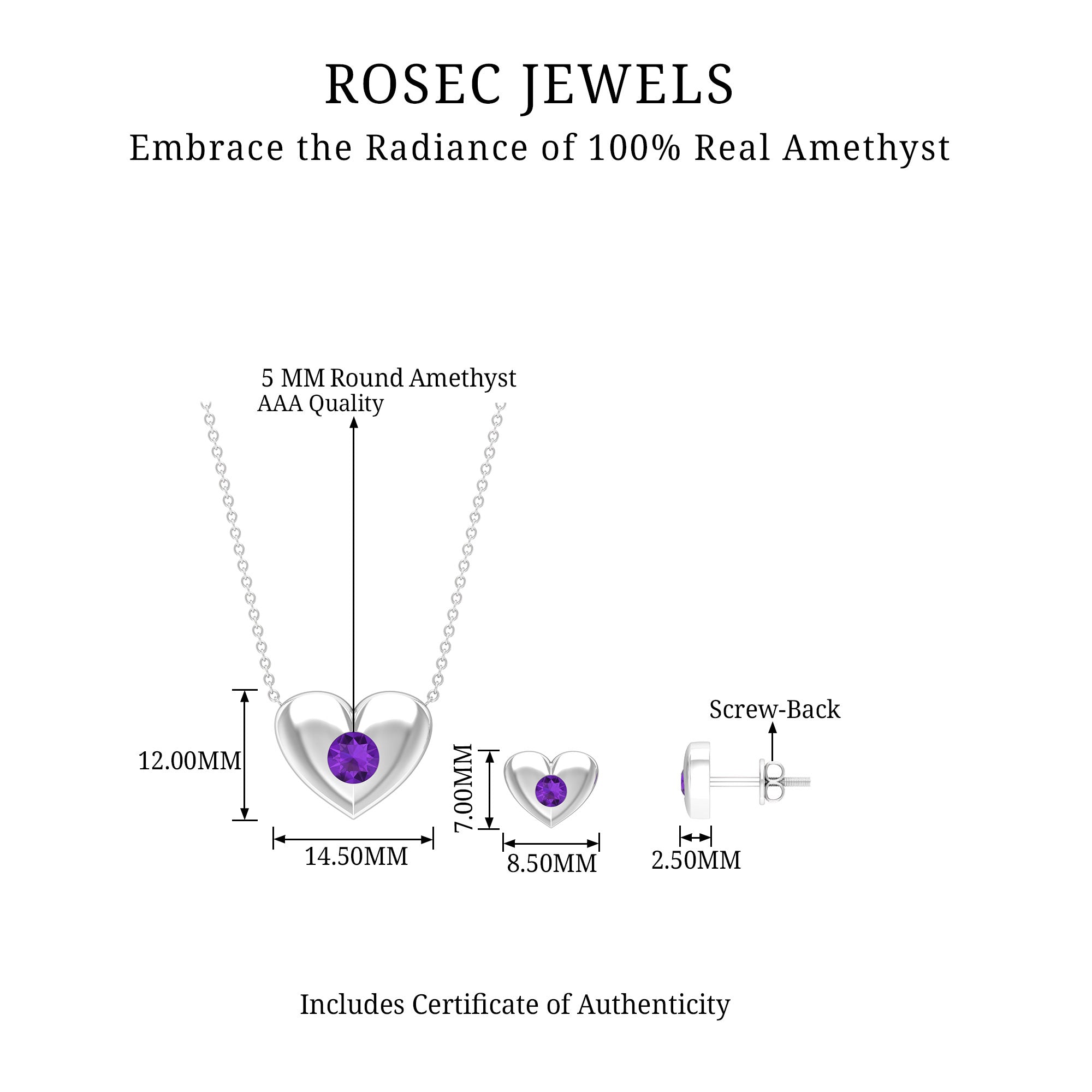 Real Amethyst Heart Necklace and Earrings Set – Rosec Jewels