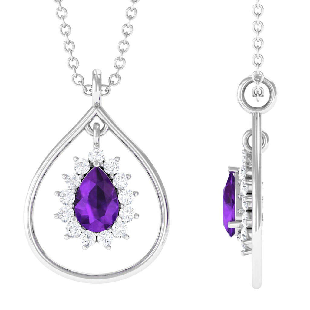 Real Amethyst Moissanite Teardrop Pendant Necklace Amethyst - ( AAA ) - Quality 92.5 Sterling Silver - Rosec Jewels