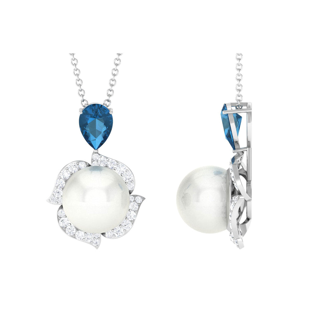 Rosec Jewels - Designer Freshwater Pearl and Moissanite Halo Silver Pendant with London Blue Topaz