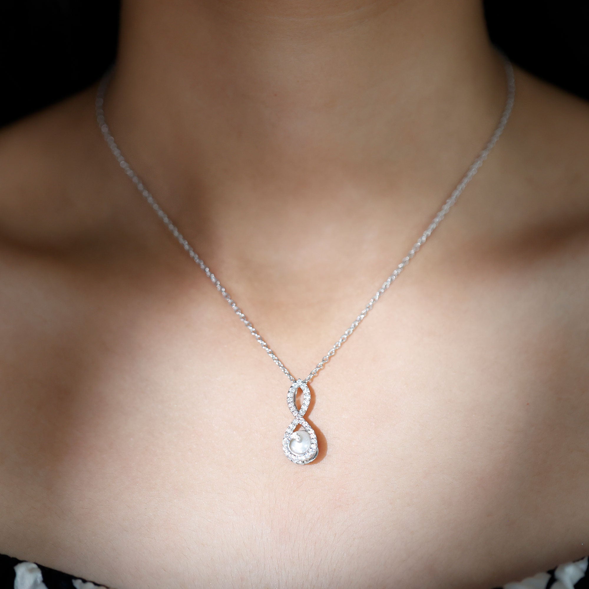 Freshwater White Pearl and Moissanite Infinity Pendant in Silver AAA 92.5 Sterling Silver - Rosec Jewels