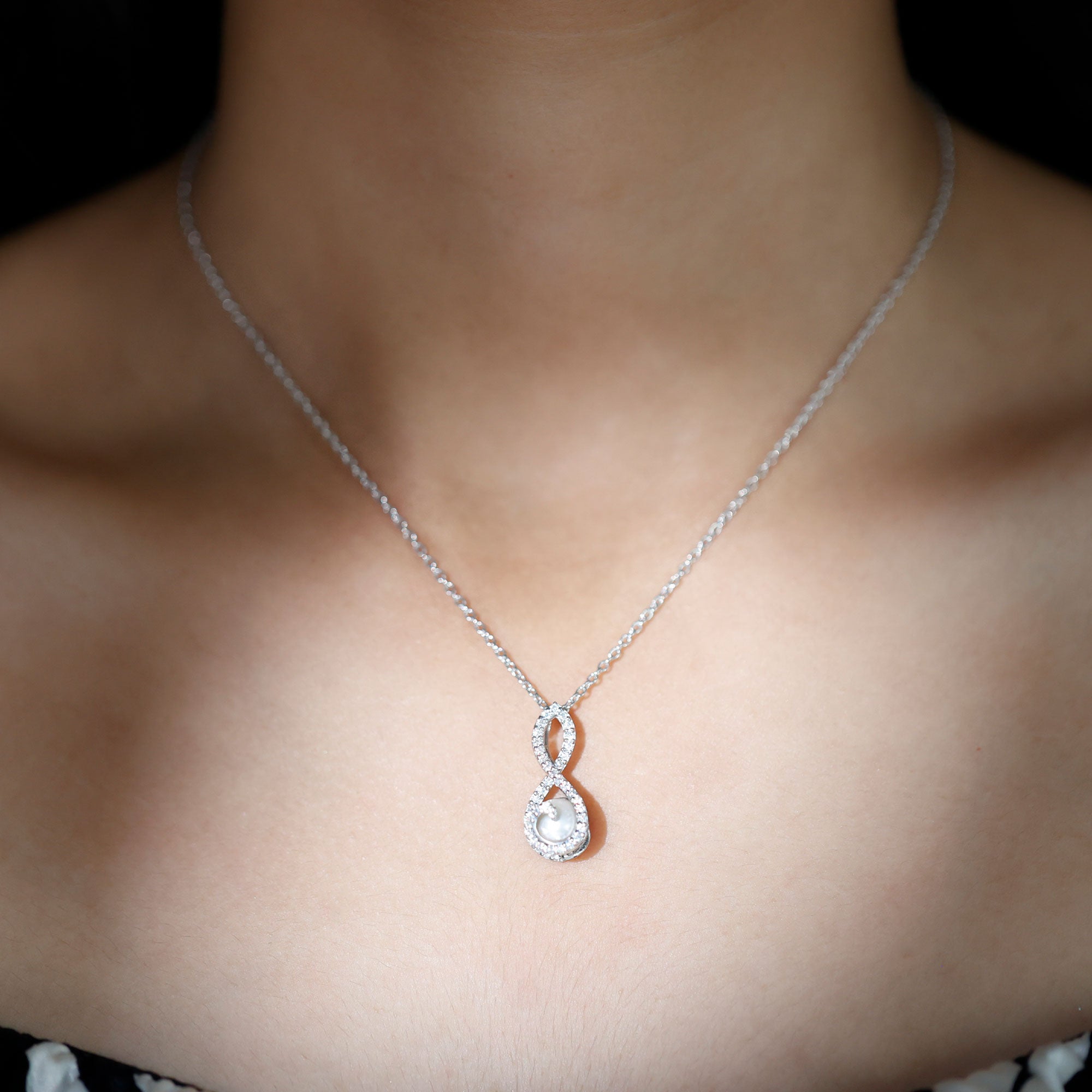 Freshwater Pearl and Moissanite Infinity Dangle Pendant - Rosec Jewels