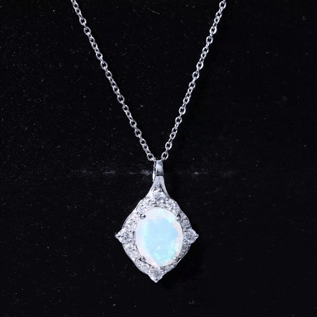 1.3 Carat Oval Cut Rainbow Opal Art Deco Necklace with Moissanite Halo AAA 92.5 Sterling Silver - Rosec Jewels