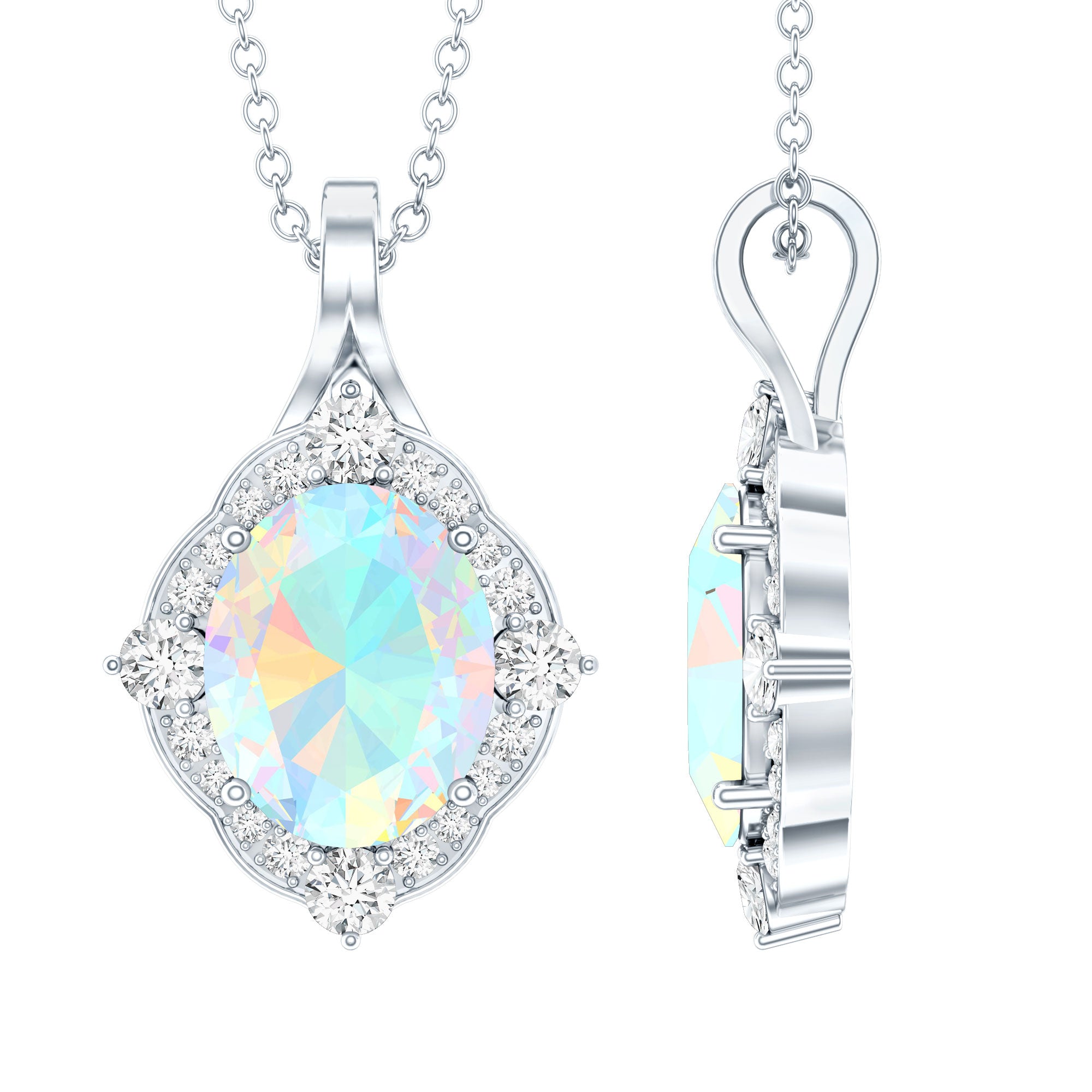 1.3 Carat Oval Cut Rainbow Opal Art Deco Necklace with Moissanite Halo AAA 92.5 Sterling Silver - Rosec Jewels