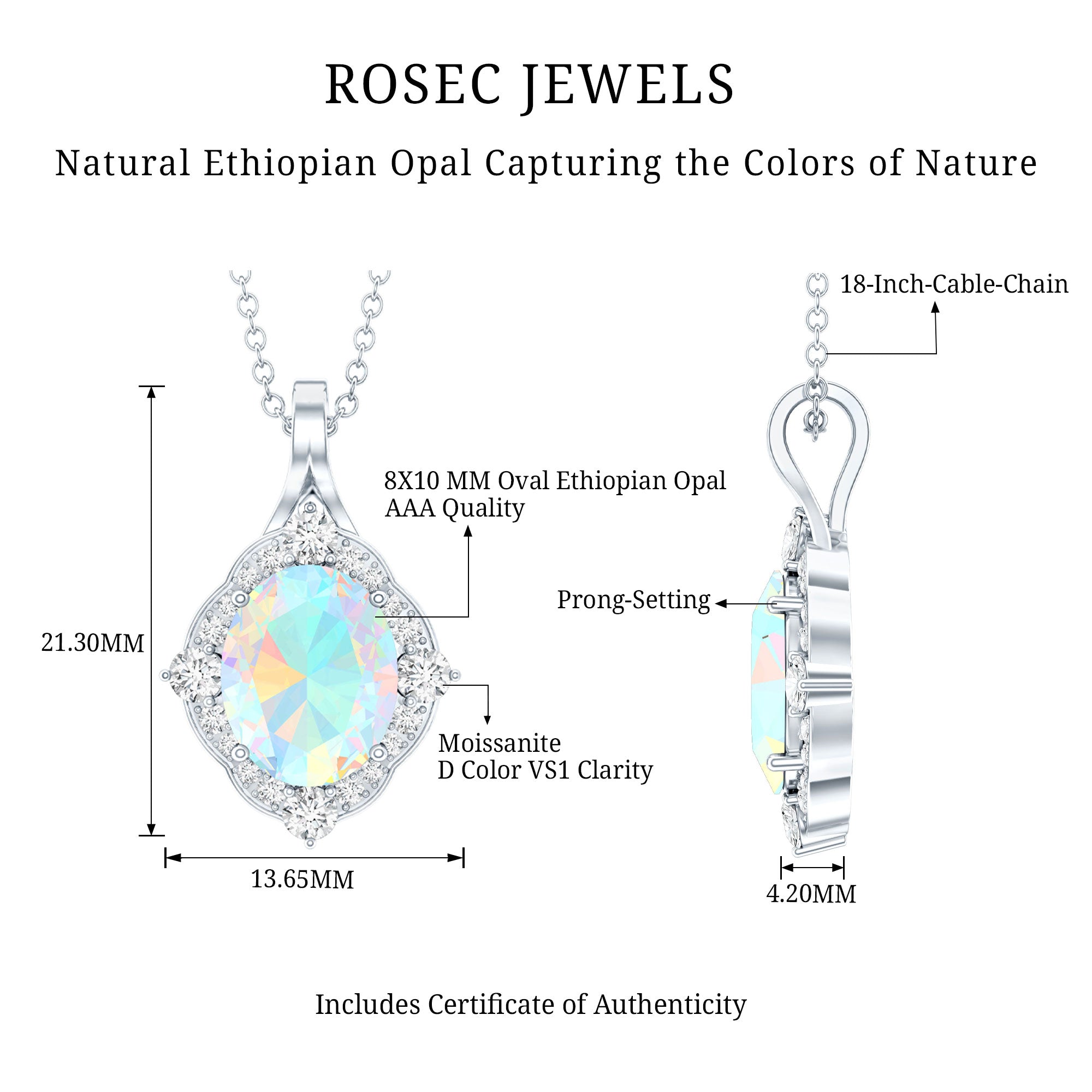 1.3 Carat Oval Cut Rainbow Opal Art Deco Necklace with Moissanite Halo AAA 92.5 Sterling Silver - Rosec Jewels