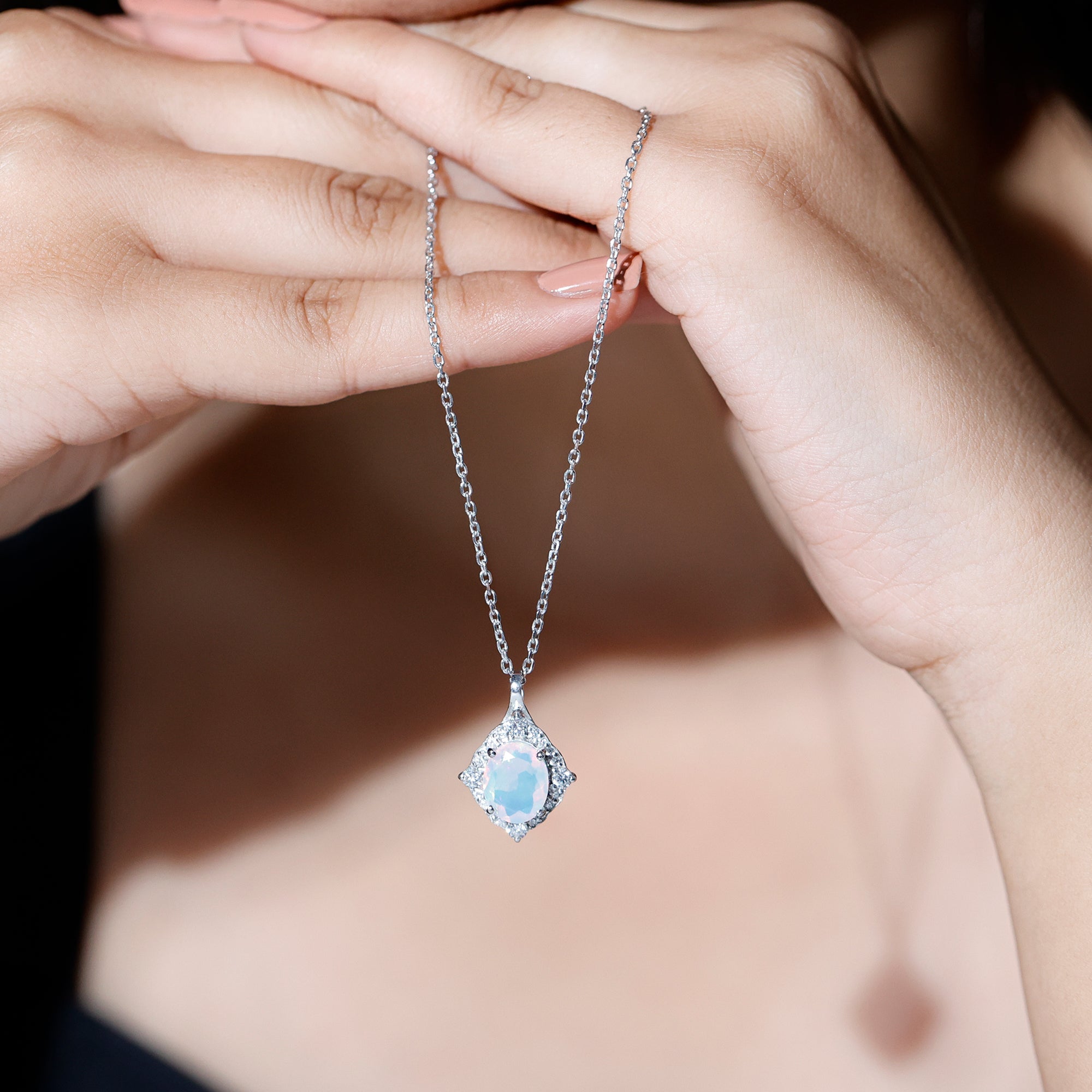 1.3 Carat Oval Cut Rainbow Opal Art Deco Necklace with Moissanite Halo AAA 92.5 Sterling Silver - Rosec Jewels