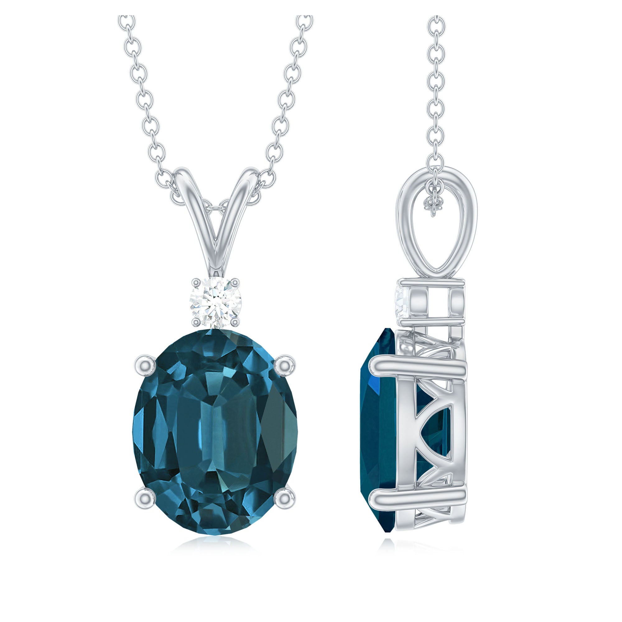 Oval London Blue Topaz Solitaire Silver Pendant with Round Moissanite - Rosec Jewels