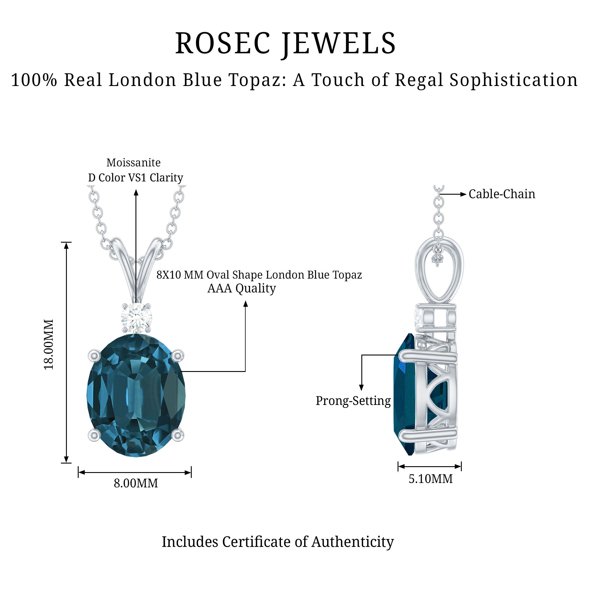 Real 2.5 Carat Oval Shape Real London Blue Topaz Oval Necklace With Silver Chain AAA 92.5 Sterling Silver - Rosec Jewels