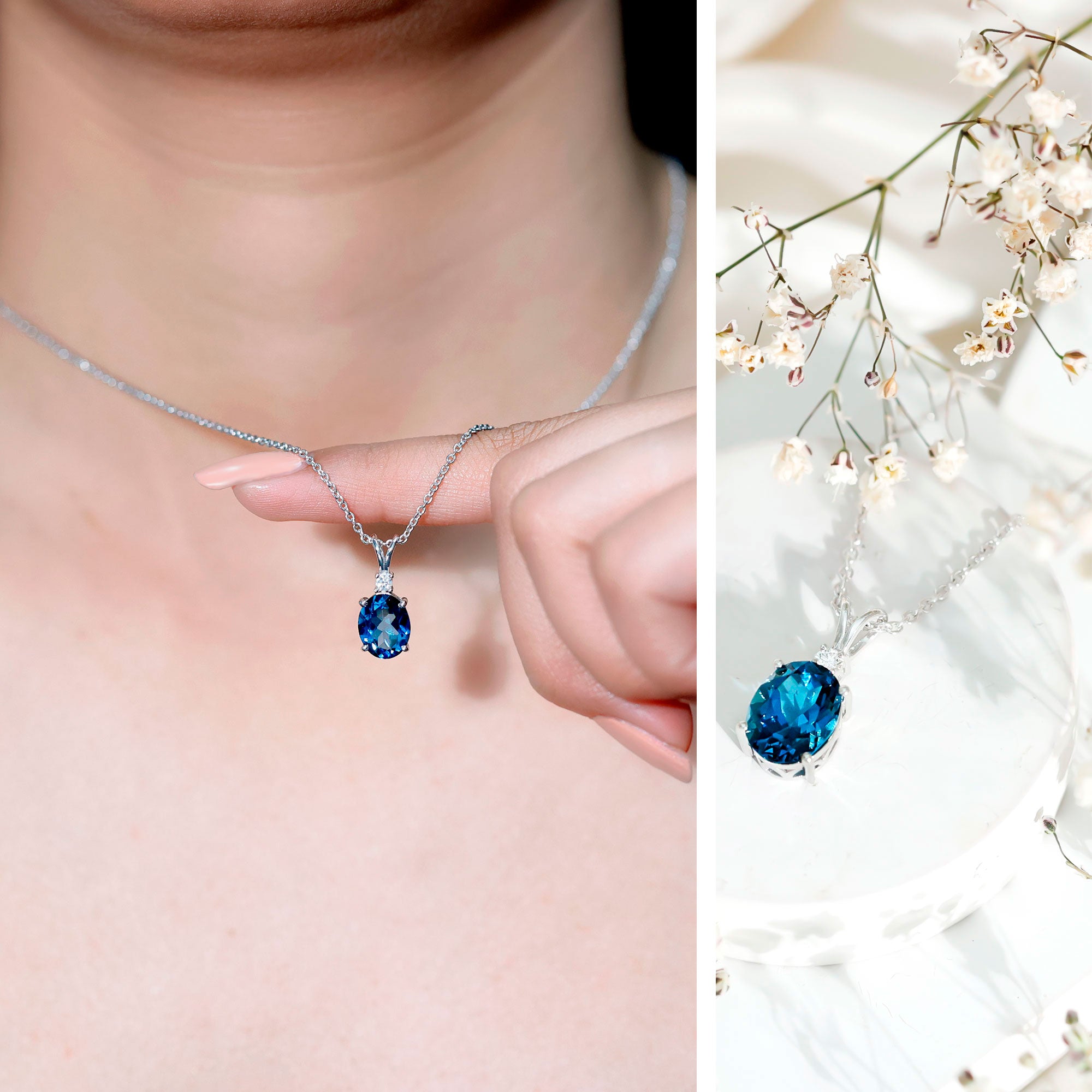 Real 2.5 Carat Oval Shape Real London Blue Topaz Oval Necklace With Silver Chain AAA 92.5 Sterling Silver - Rosec Jewels