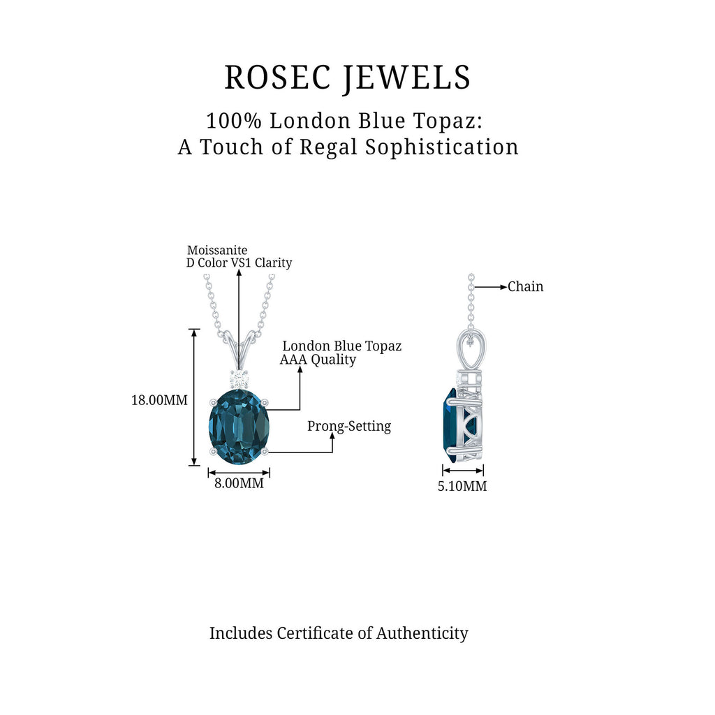 Oval London Blue Topaz Solitaire Pendant with Round Moissanite London Blue Topaz - ( AAA ) - Quality - Rosec Jewels