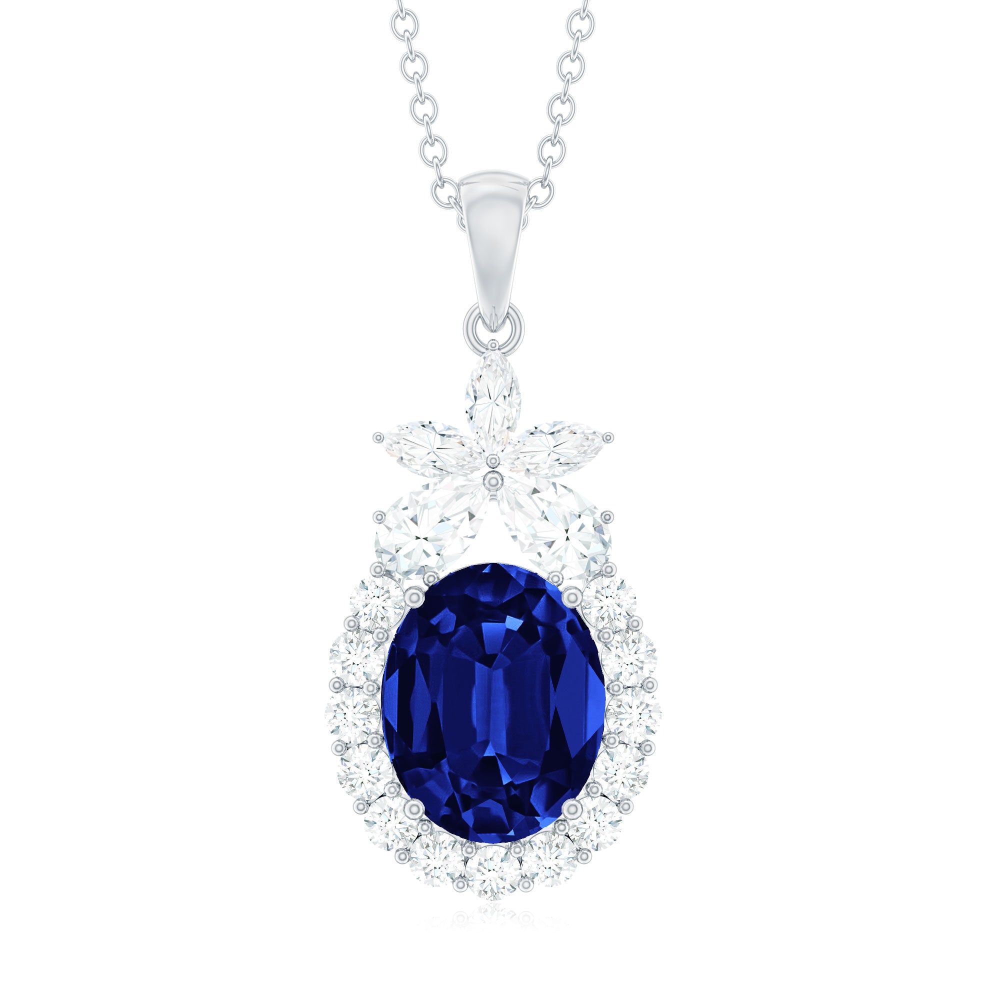 4 Carat Oval Shape Lab Created Blue Sapphire Statement Necklace with Moissanite AAAA - Rosec Jewels