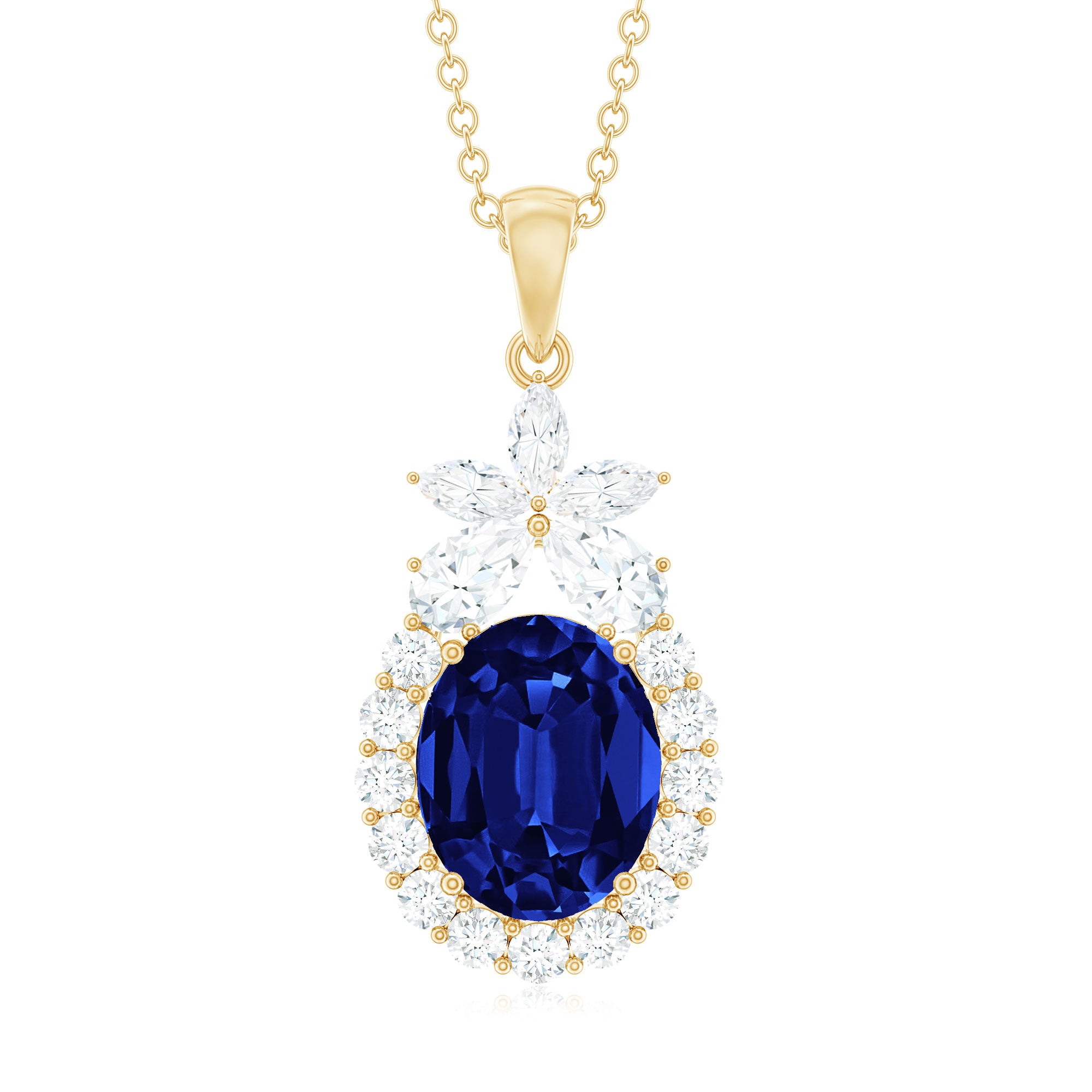 4 Carat Oval Shape Lab Created Blue Sapphire Statement Necklace with Moissanite AAAA - Rosec Jewels