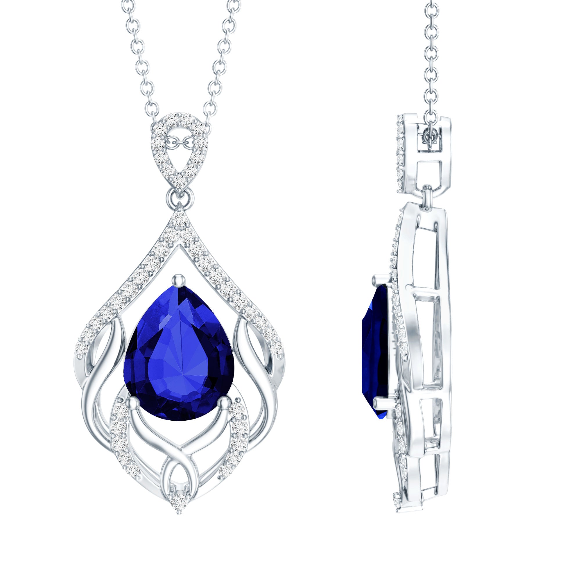 Certified 3.35 Carat Lab Grown Blue Sapphire Designer Necklace with Silver Chain AAAA 92.5 Sterling Silver - Rosec Jewels
