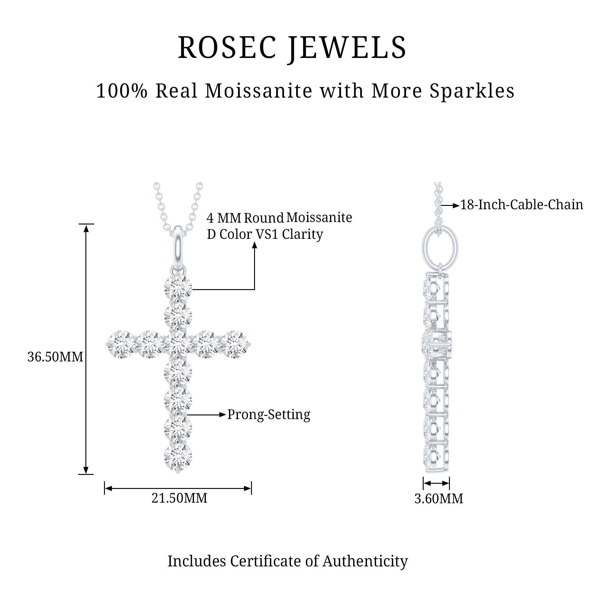 Certified Moissanite Cross Necklace With Silver Chain D-VS1 92.5 Sterling Silver - Rosec Jewels