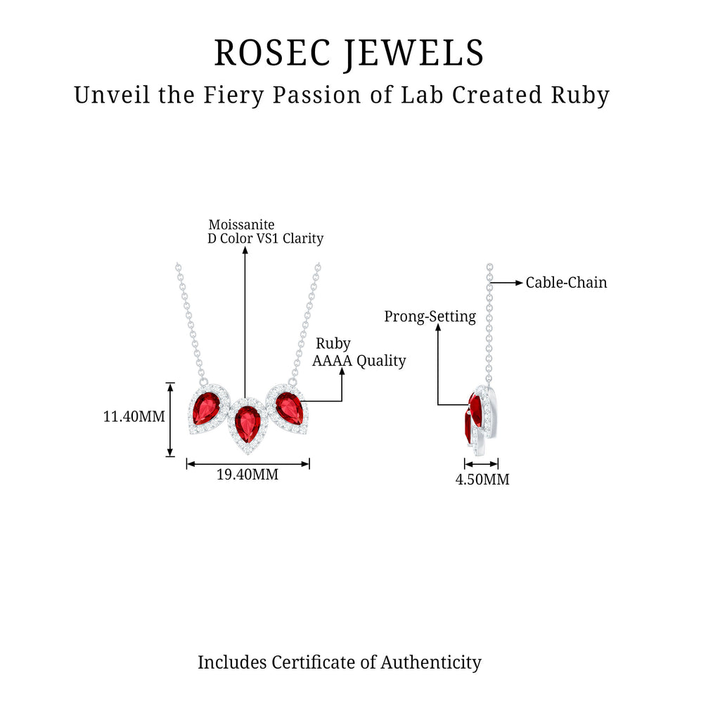 Three Pear Cut Created Ruby and Moissanite Halo Leaf Necklace in Silver - Rosec Jewels