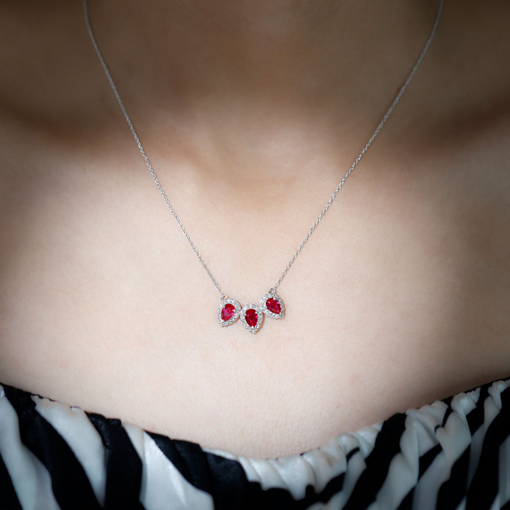Three Pear Cut Created Ruby and Moissanite Halo Leaf Necklace in Silver - Rosec Jewels
