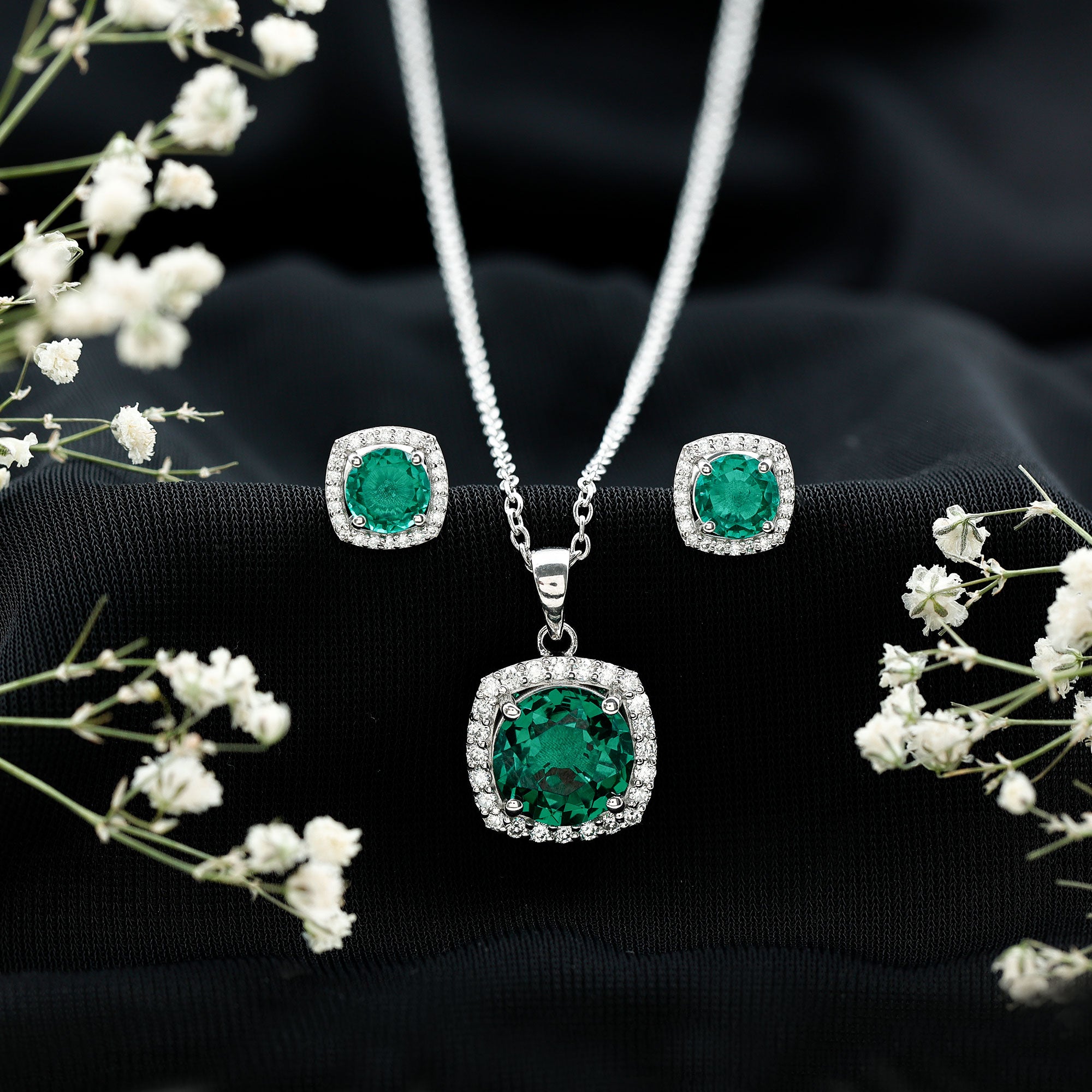 Certified 5 Carat Lab Grown Emerald Necklace and Earring Set for Women AAAA - Rosec Jewels