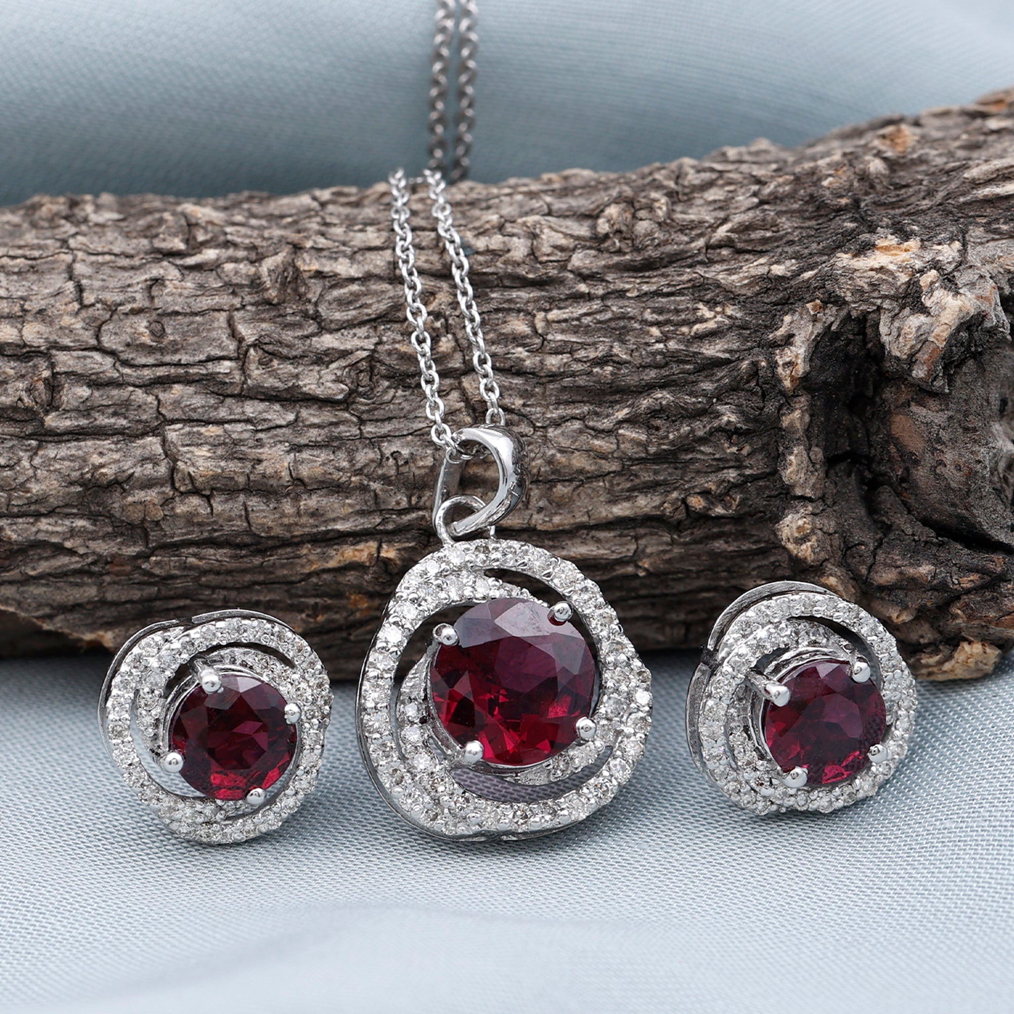 Minimal Rhodolite and Moissanite Swirl Jewelry Set Rhodolite - ( AAA ) - Quality - Rosec Jewels