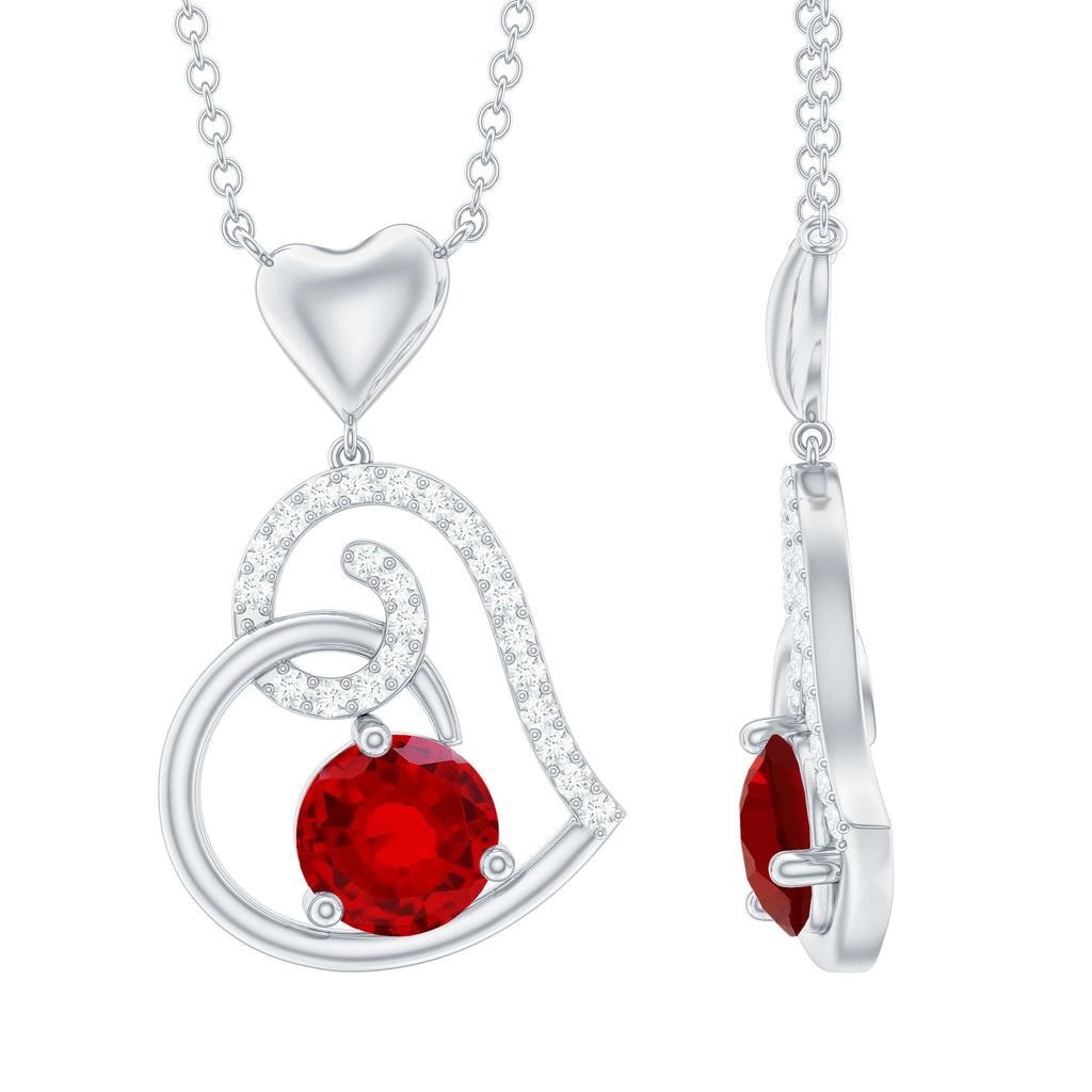Lab Created Ruby Love Heart Drop Pendant Necklace With Diamond Accent Lab Created Ruby - ( AAAA ) - Quality - Rosec Jewels