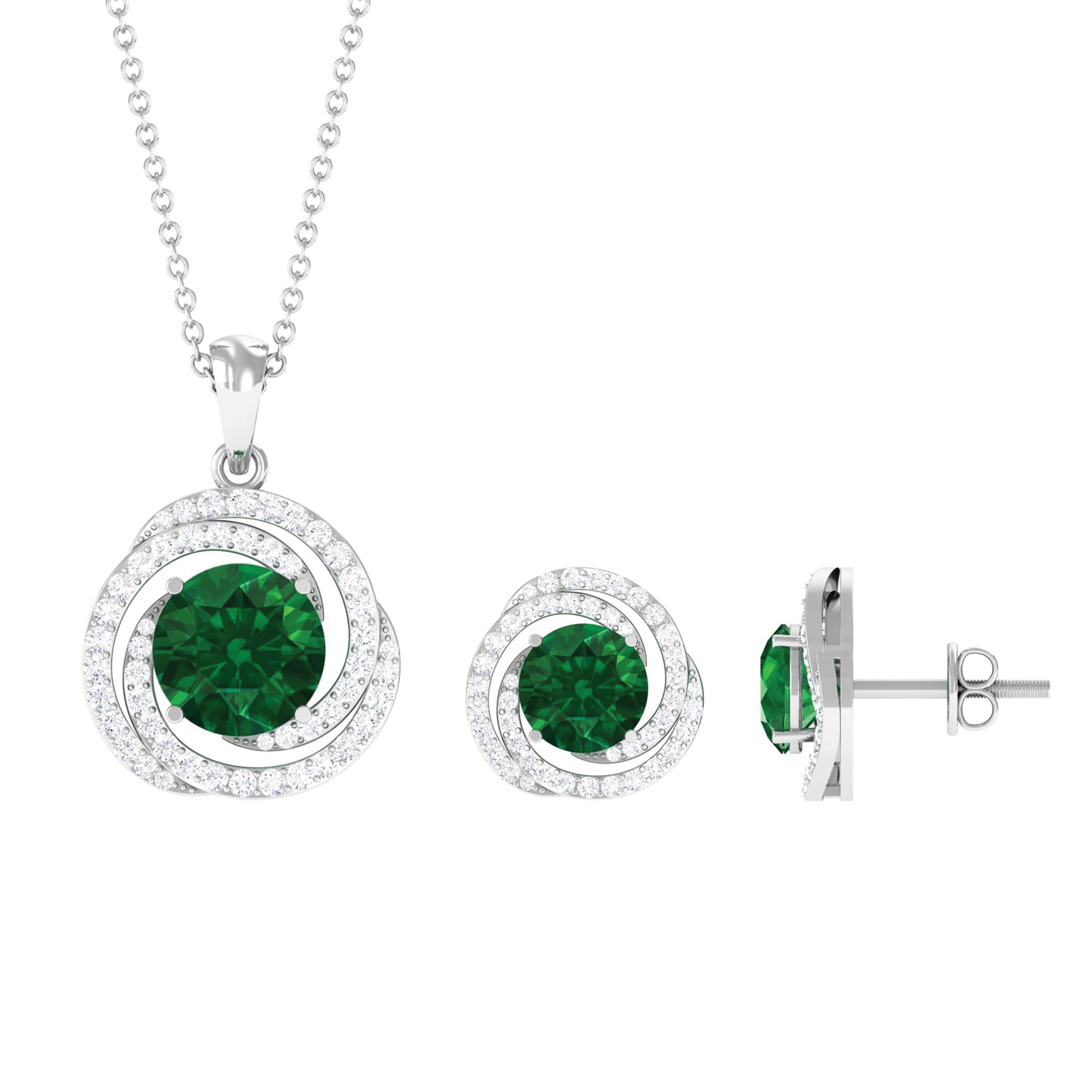 Created Emerald Swirl Pendant And Earrings Set With Moissanite Lab Created Emerald - ( AAAA ) - Quality - Rosec Jewels
