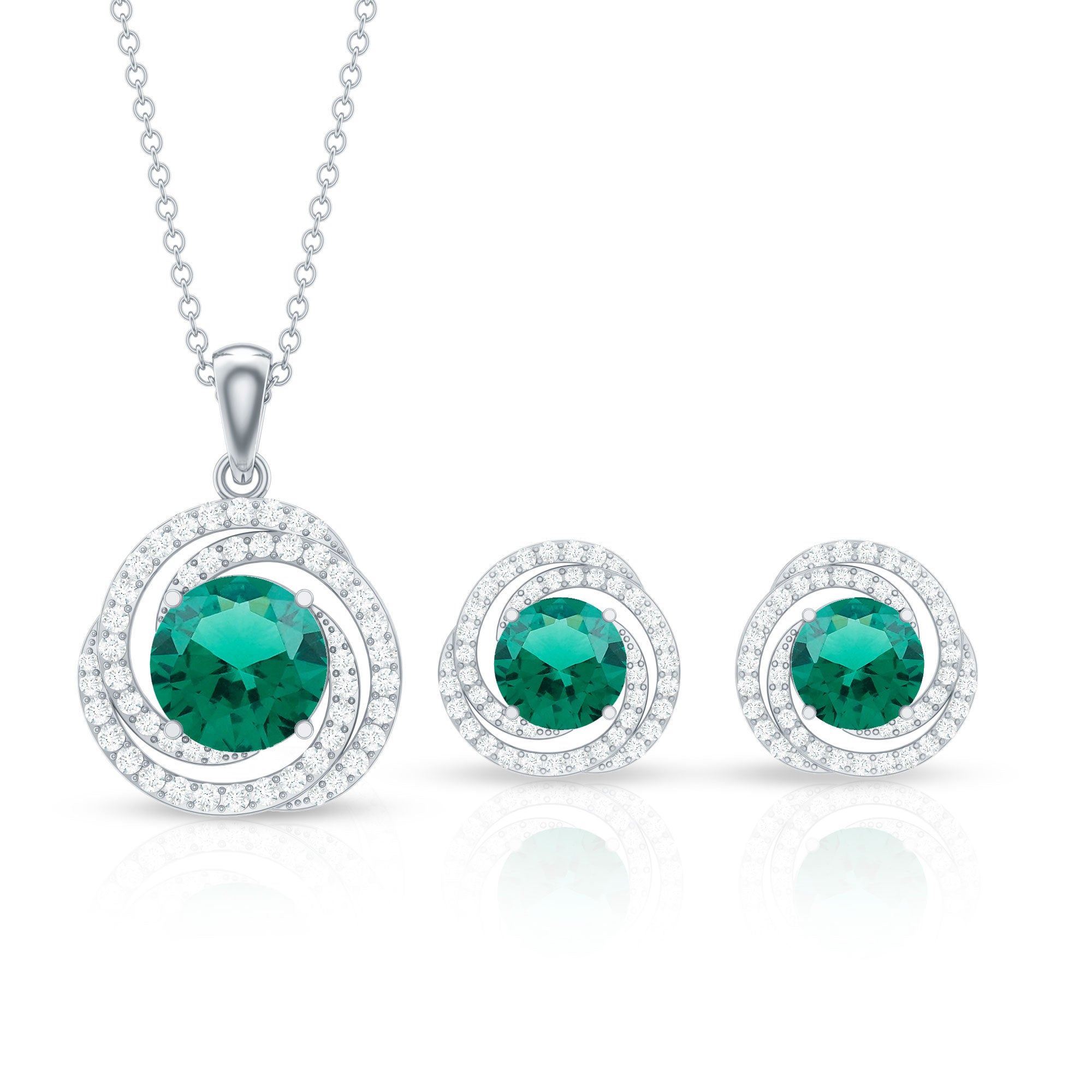 Lab Created Emerald Swirl Necklace and Earrings Set With Moissanite AAAA - Rosec Jewels