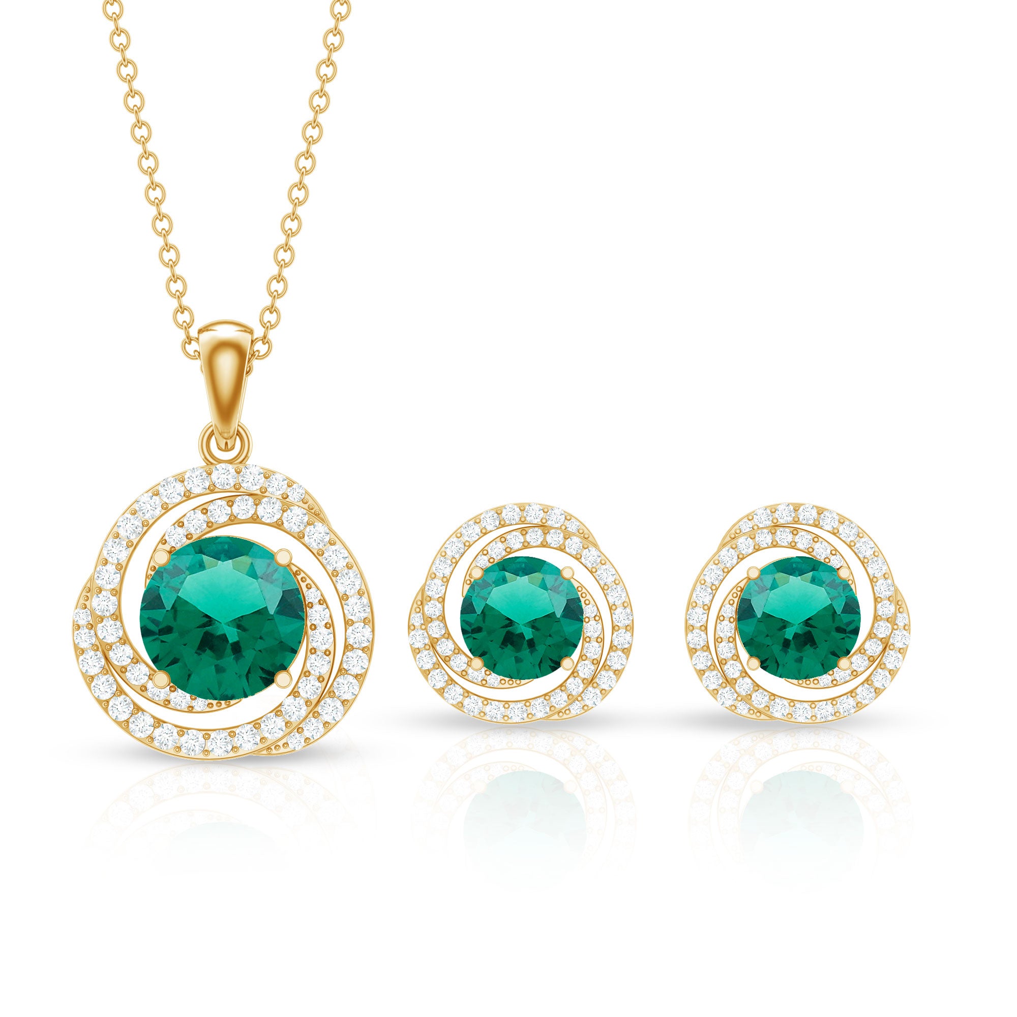 Lab Created Emerald Swirl Necklace and Earrings Set With Moissanite AAAA - Rosec Jewels