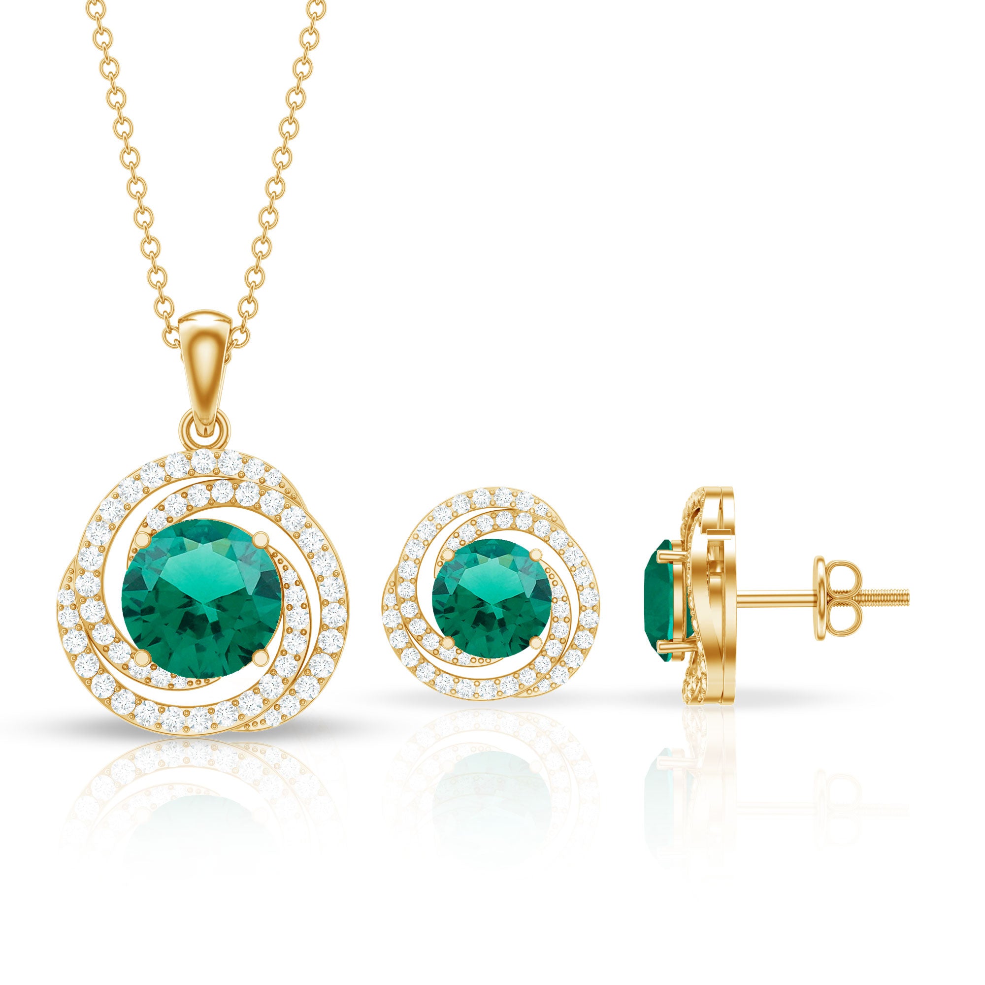 Lab Created Emerald Swirl Necklace and Earrings Set With Moissanite AAAA - Rosec Jewels