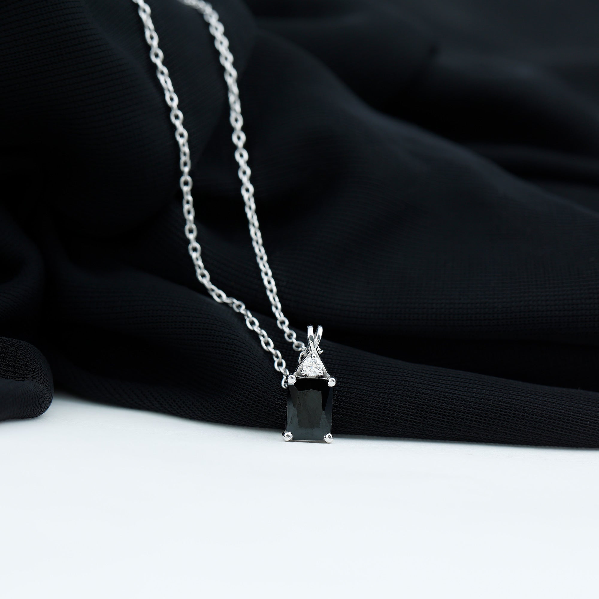 Natural 2 CT Black Onyx Emerald Cut Necklace With Chain AAA - Rosec Jewels