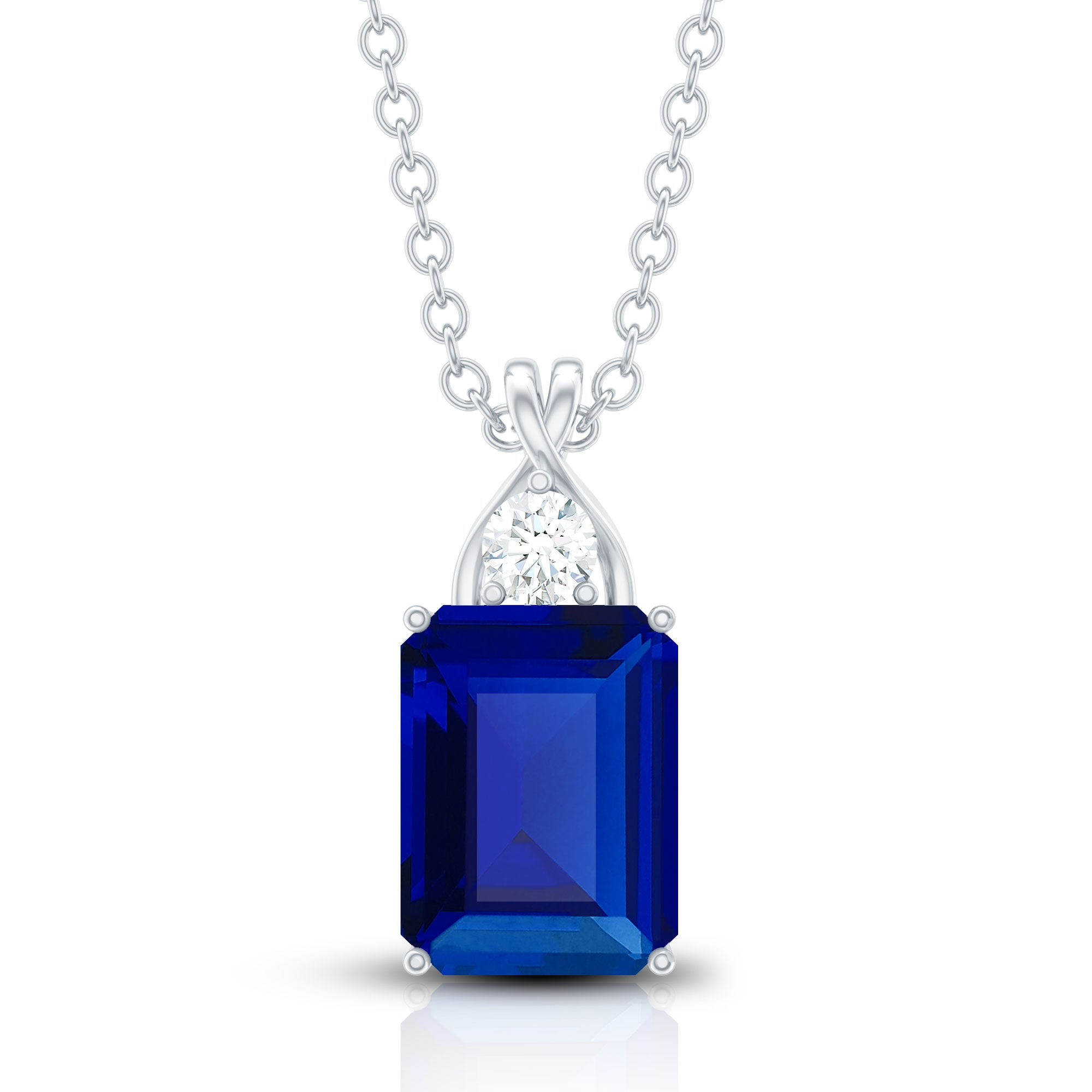 Certified Lab Created Blue Sapphire Emerald Cut Necklace with Chain AAAA - Rosec Jewels