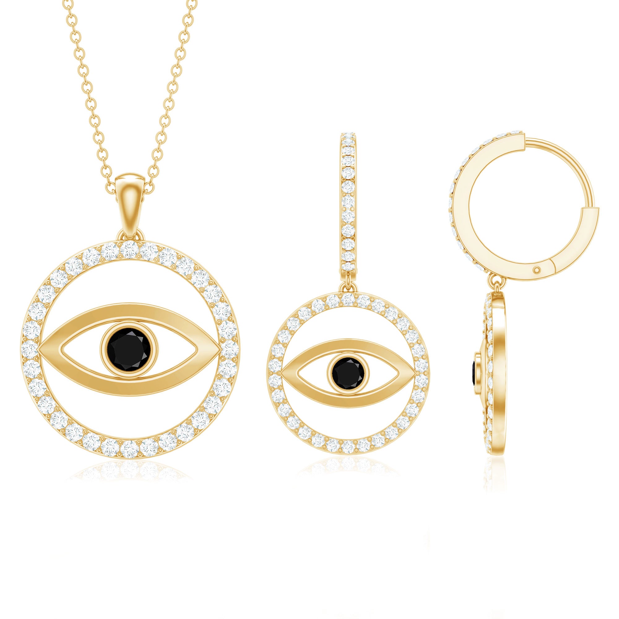 Black Onyx Evil Eye Necklace and Earrings Set with Certificate AAA - Rosec Jewels