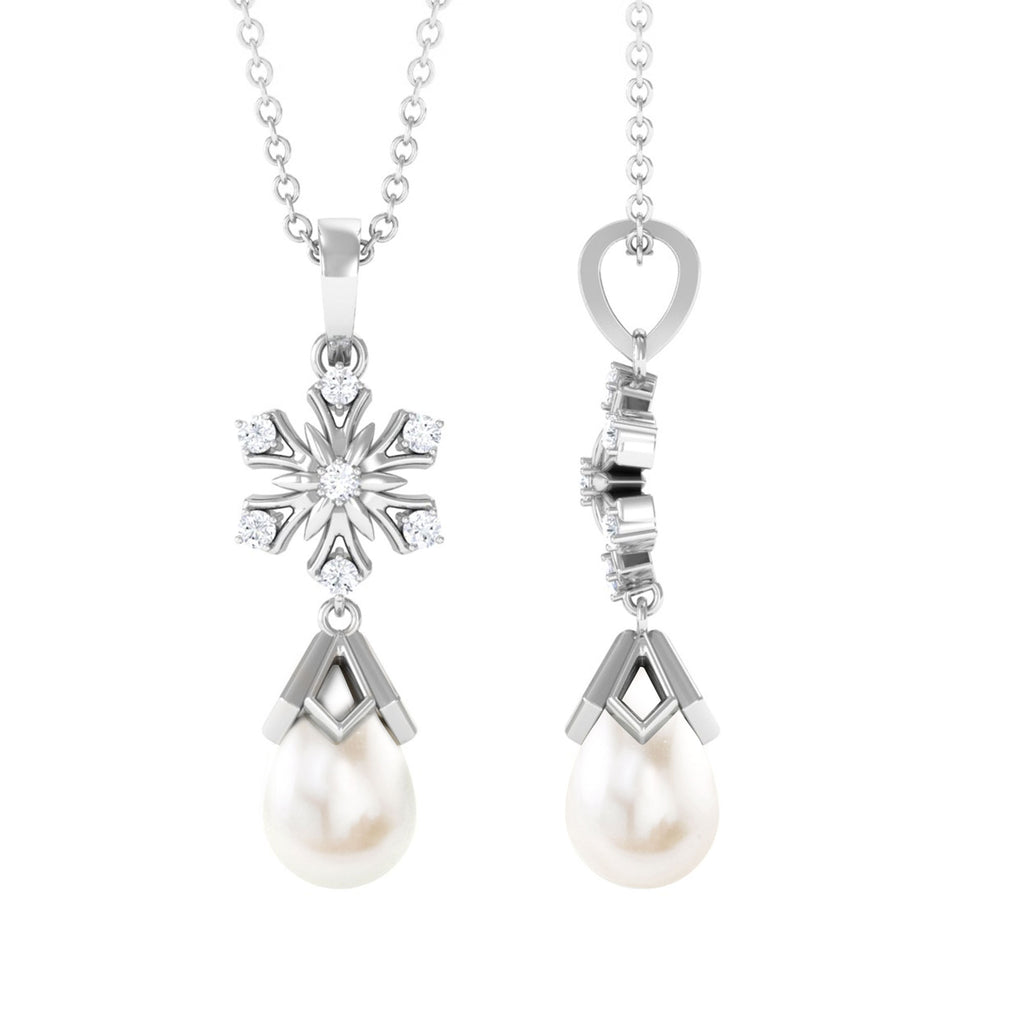 Diamond Snowflake Freshwater Pearl Dangle Drop Pendant Freshwater Pearl - ( AAA ) - Quality - Rosec Jewels