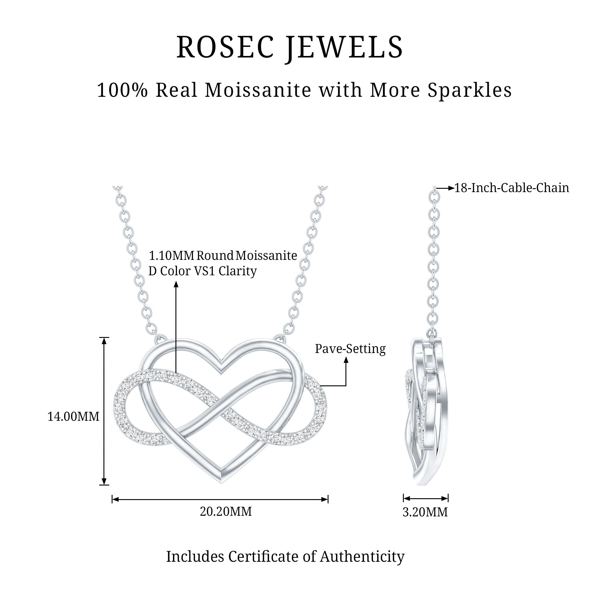 Moissanite Infinity Heart Necklace In Sterling Silver D-VS1 92.5 Sterling Silver - Rosec Jewels