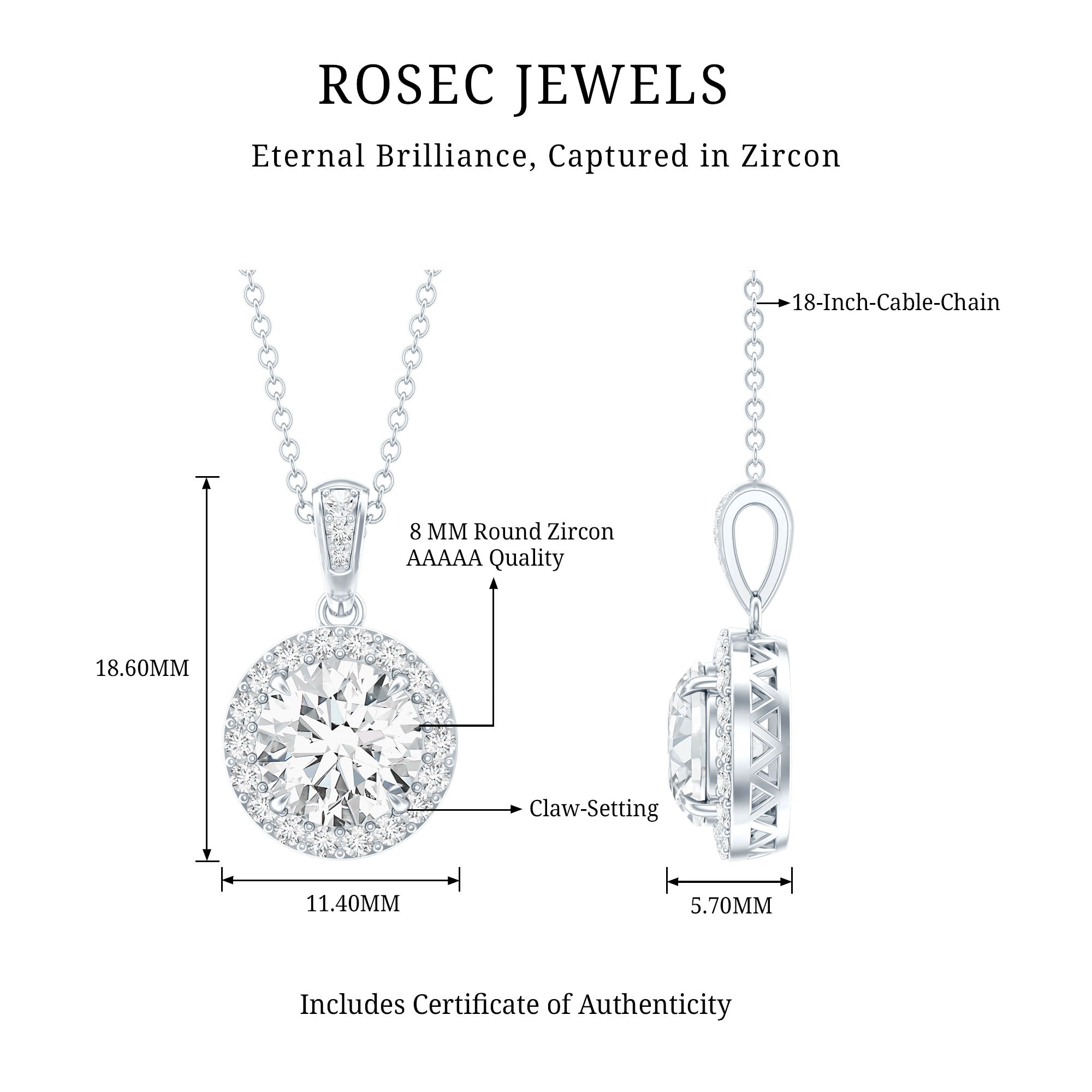Certified 8 MM Round Cubic Zirconia Halo Necklace with Chain AAAAA 92.5 Sterling Silver - Rosec Jewels