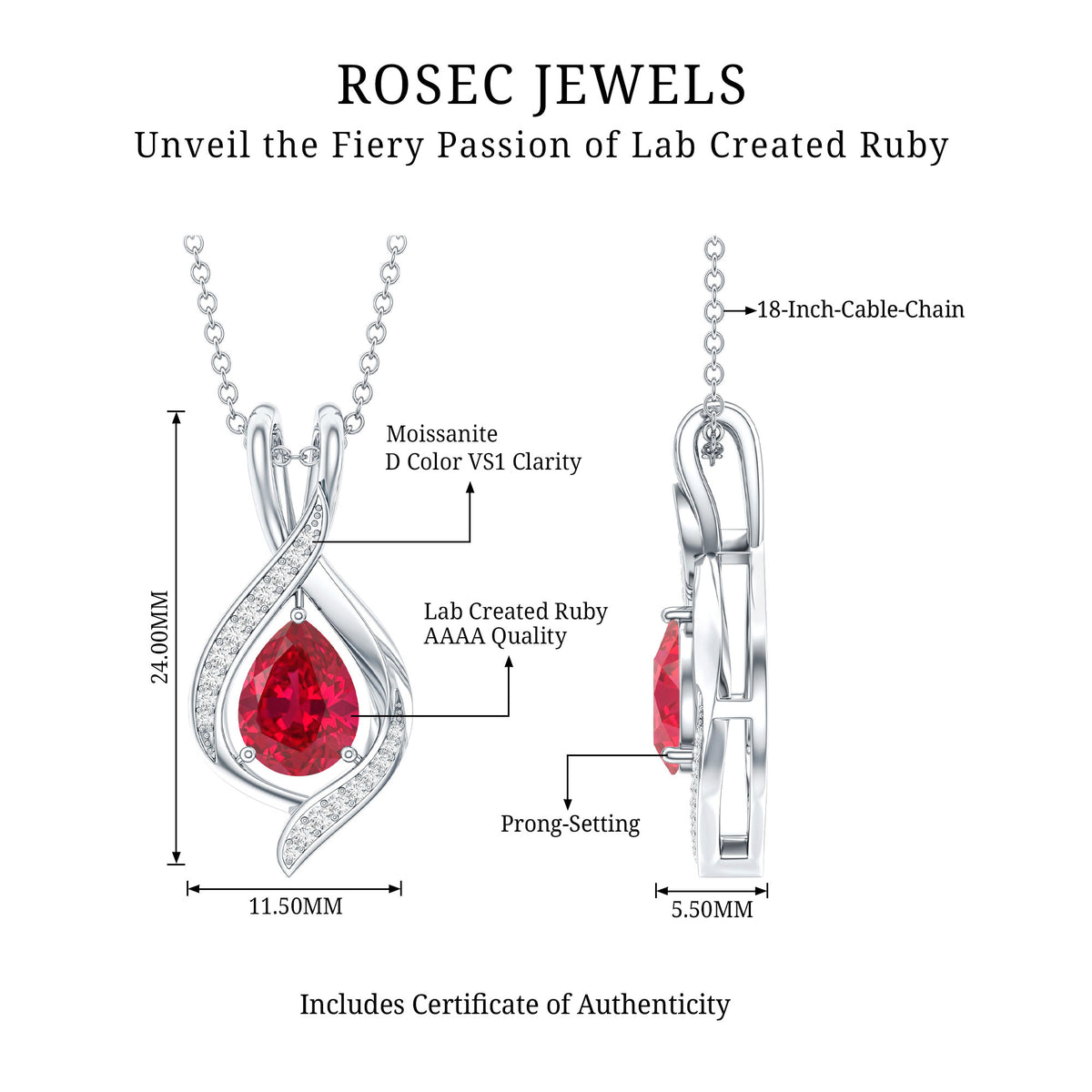 1 Carat Lab Created Ruby Teardrop Pendant with Moissanite AAAA - Rosec Jewels