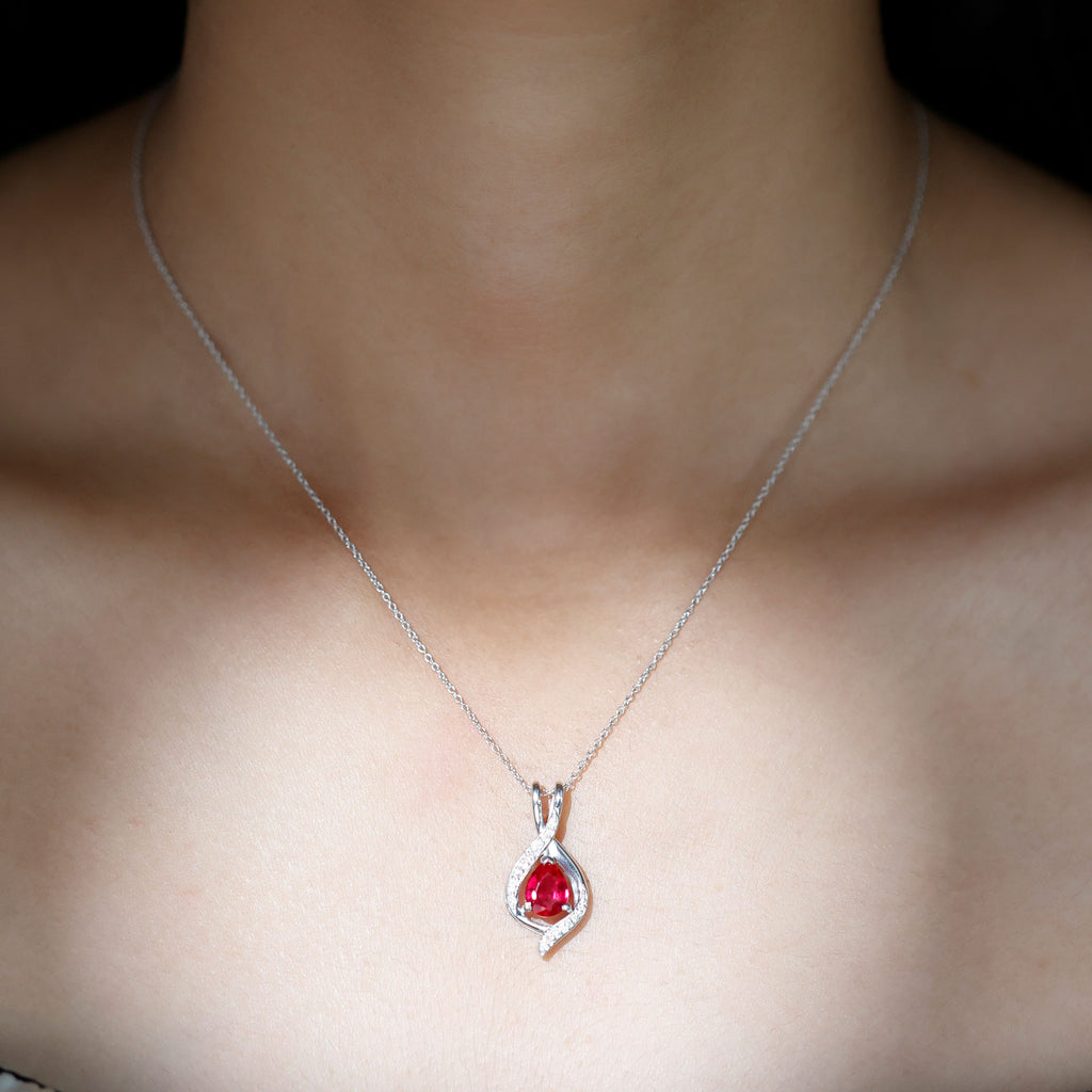 Pear Cut Created Ruby Teardrop Silver Pendant with Moissanite Accent - Rosec Jewels