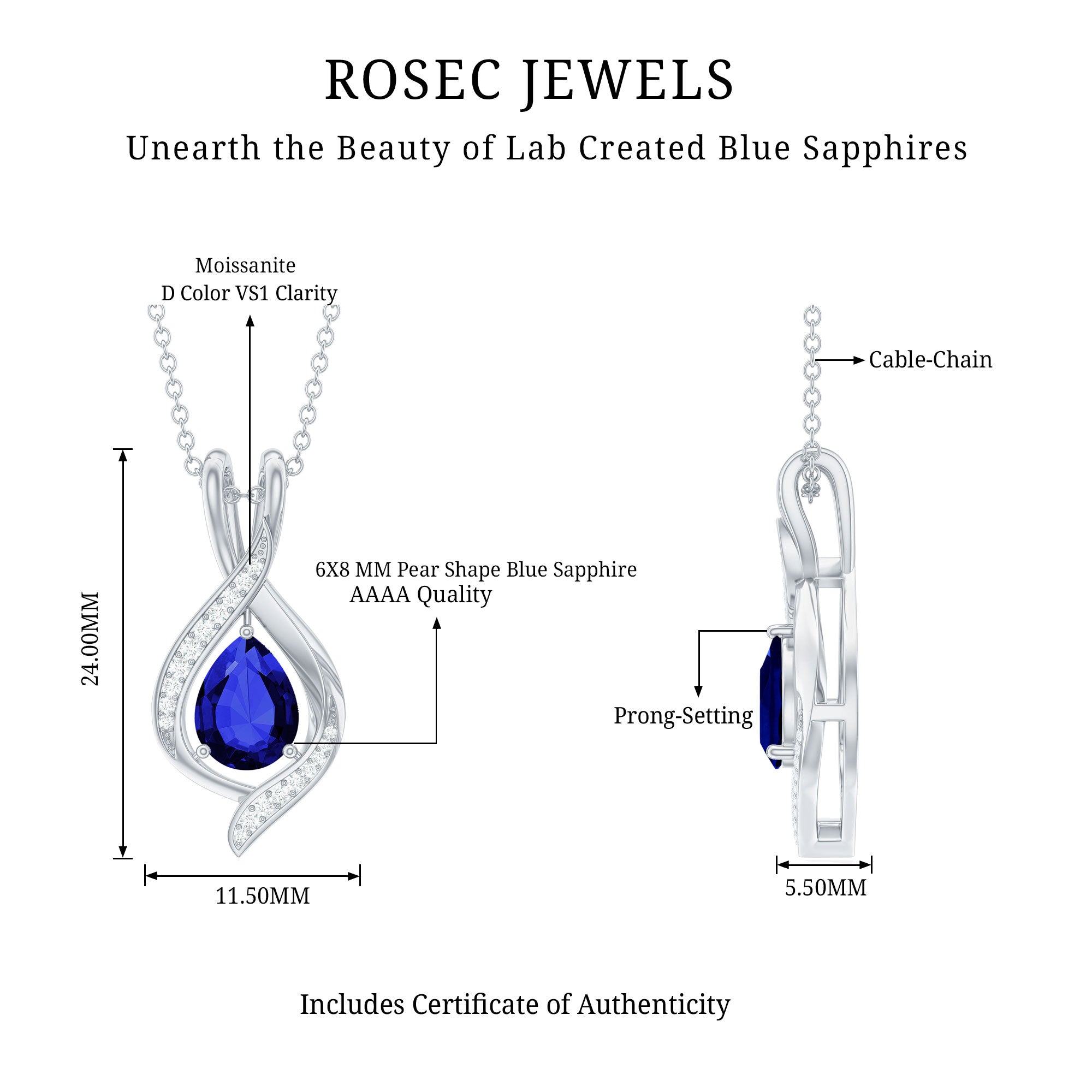 Lab Grown 6X8 MM Blue Sapphire Teardrop Pendant with Moissanite AAAA 92.5 Sterling Silver - Rosec Jewels