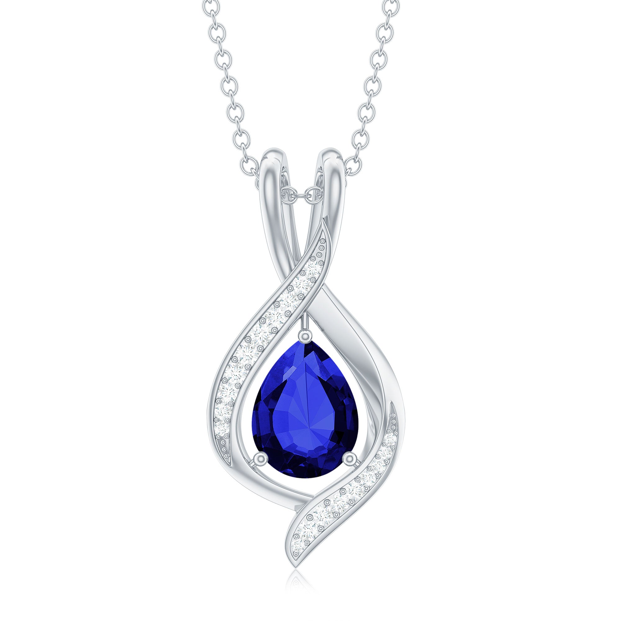 Lab Grown 6X8 MM Blue Sapphire Teardrop Pendant with Moissanite AAAA 92.5 Sterling Silver - Rosec Jewels