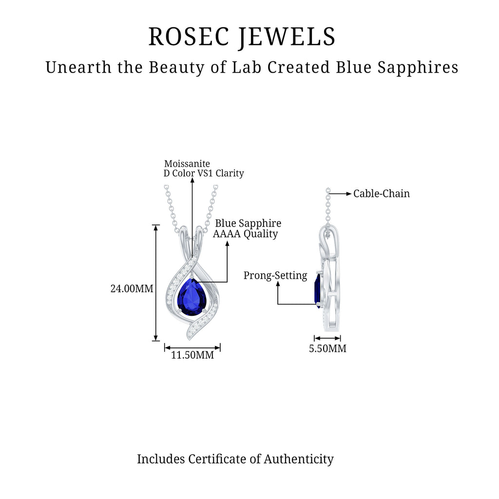 Minimal Created Blue Sapphire Teardrop Pendant with Moissanite Lab Created Blue Sapphire - ( AAAA ) - Quality - Rosec Jewels