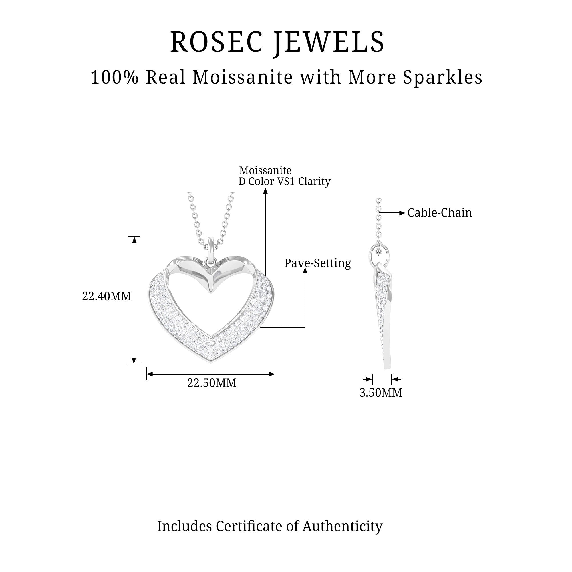 Moissanite Open Heart Bridal Pendant Necklace in Silver - Rosec Jewels